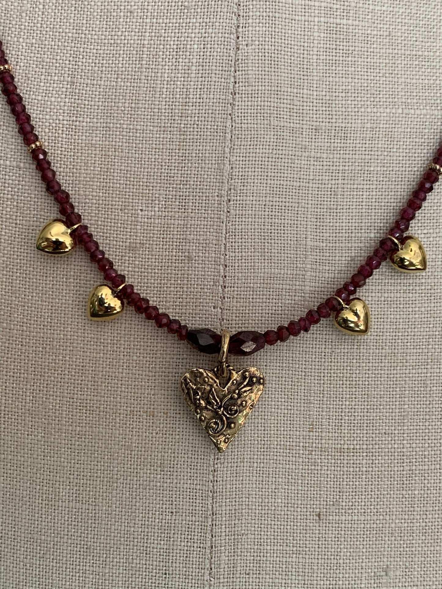 Necklace “Bohemian Heart” Hand cast Bronze Heart, Garnets, Bronze Puffed hearts, Gift idea, Valentines Day, Bridal Jewelry, Reiki charged