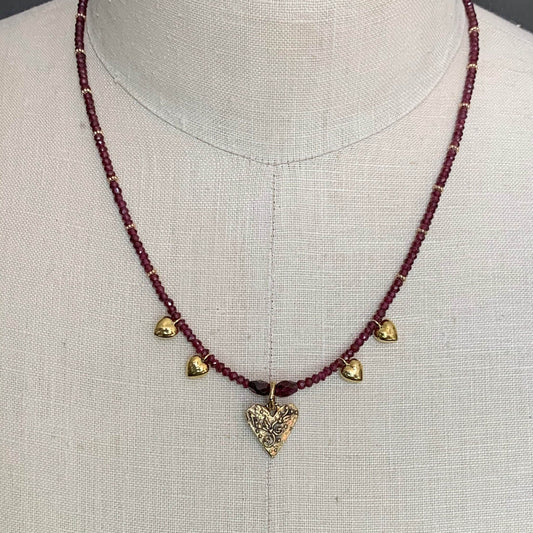 Necklace “Bohemian Heart” Hand cast Bronze Heart, Garnets, Bronze Puffed hearts, Gift idea, Valentines Day, Bridal Jewelry, Reiki charged