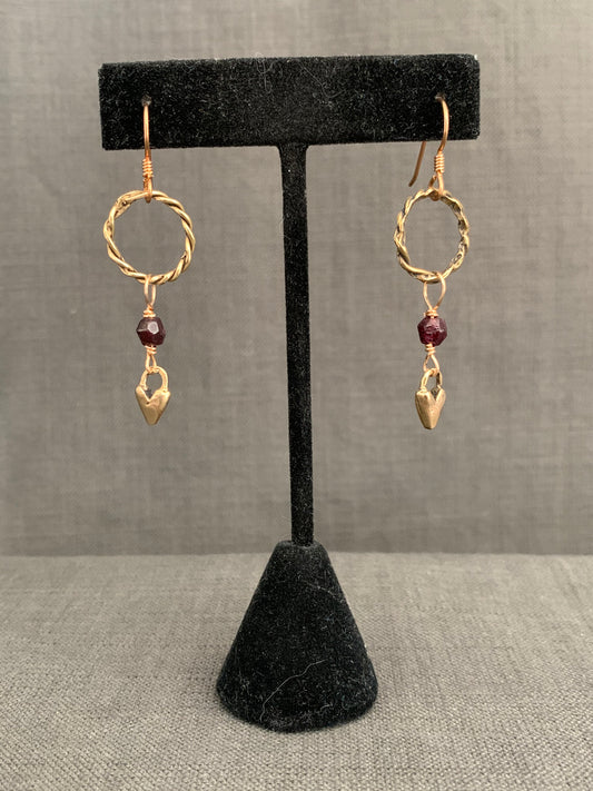 Earrings “Heart Drops” Hand cast Heart charms, Garnets, Bronze Twist links, Valentines Day gift, Zoom Earrings, Reiki charged, Gift idea