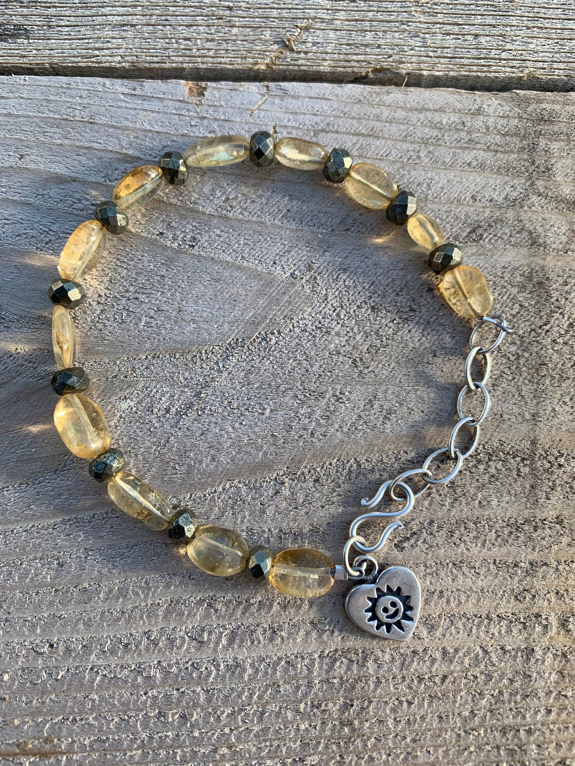 Bracelet “Because I’m Happy” Citrine, Pyrite, Fine Silver Heart, Valentines Day gift, Gender neutral jewelry, Reiki charged, Chakra jewelry