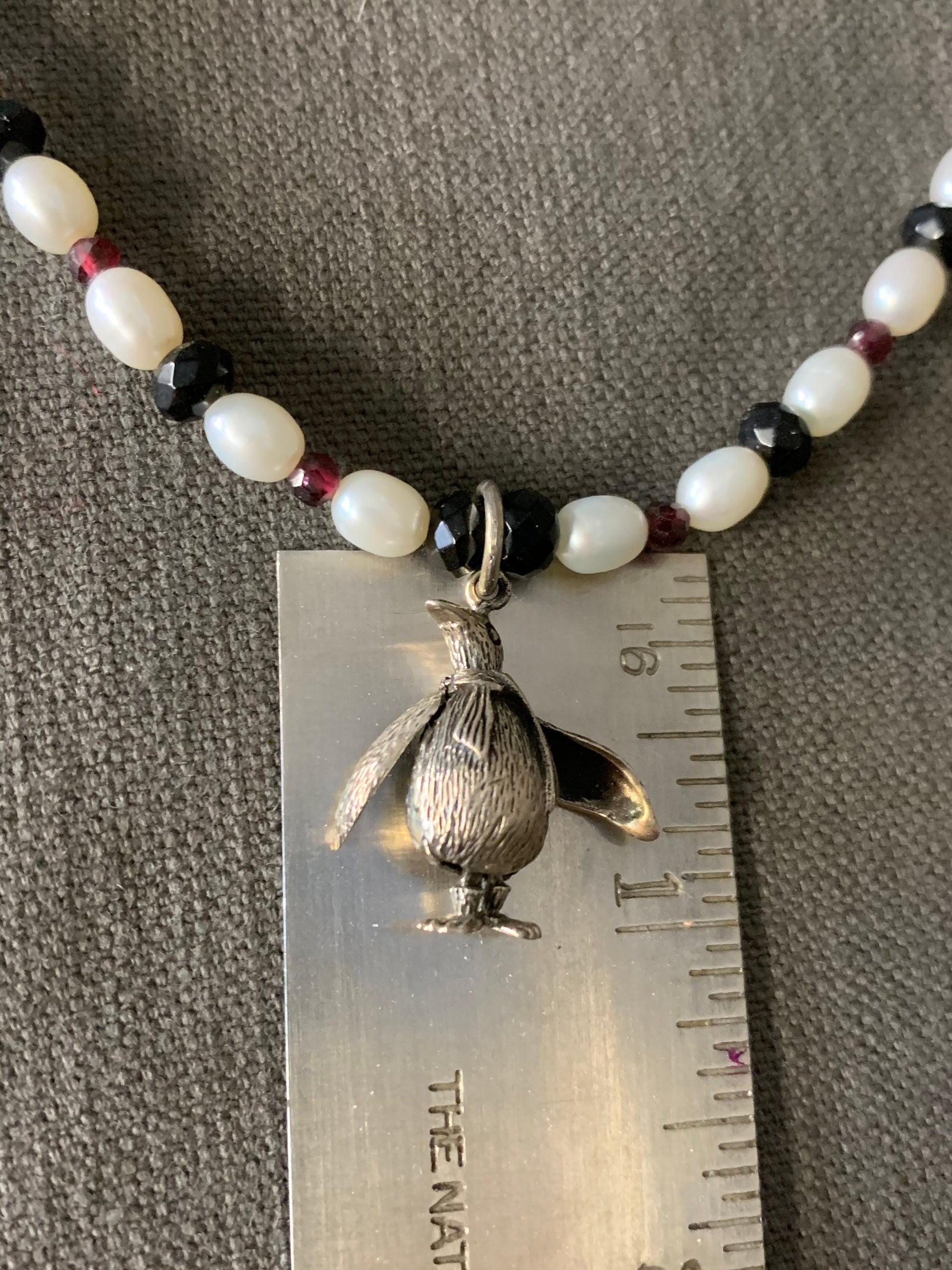 necklace "South Pole Resident" Sterling Penguin, Pearls, Onyx, Garnet, Gift idea, Reiki charged, January birthstone, Penguin necklace