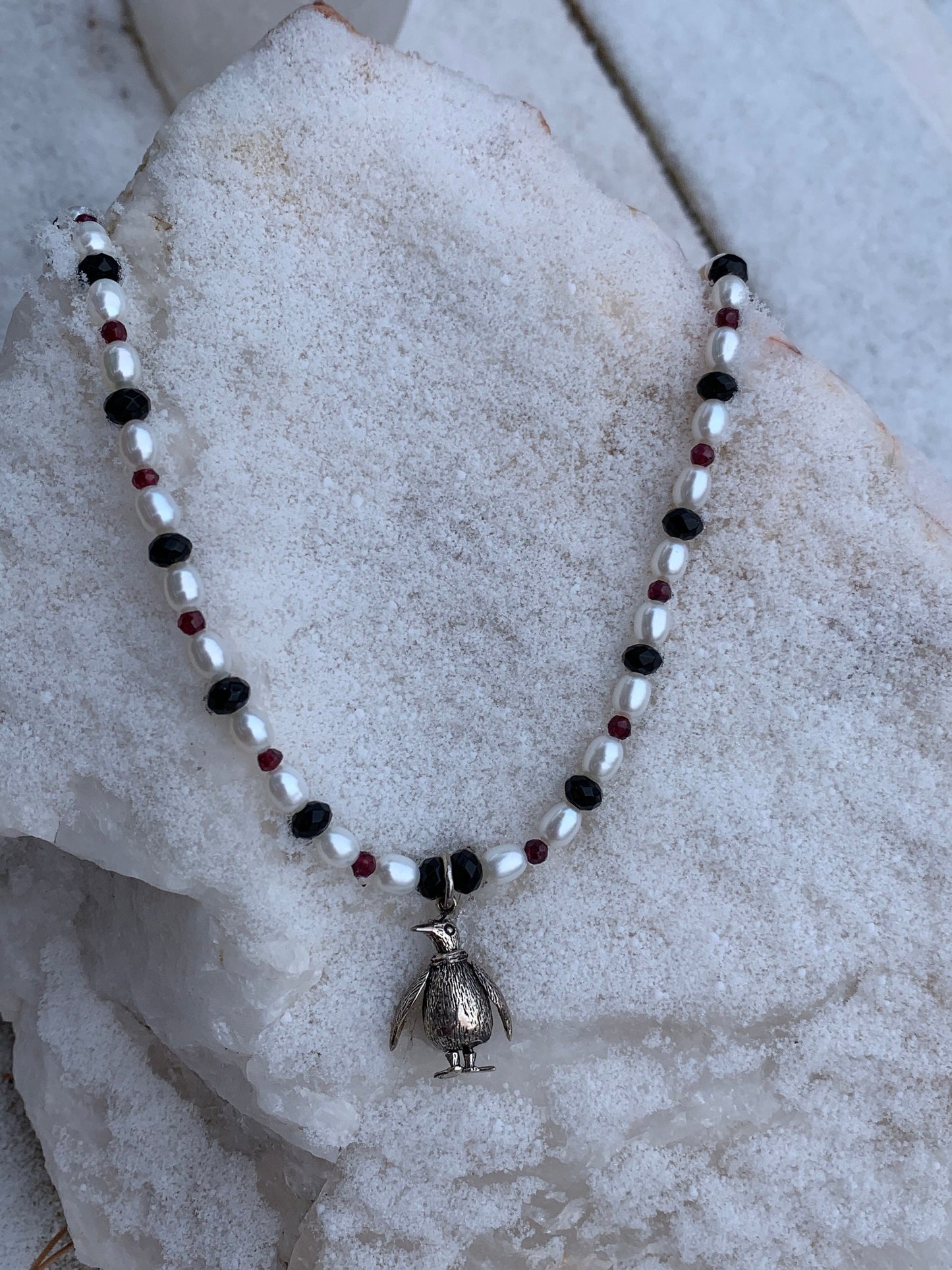 necklace "South Pole Resident" Sterling Penguin, Pearls, Onyx, Garnet, Gift idea, Reiki charged, January birthstone, Penguin necklace