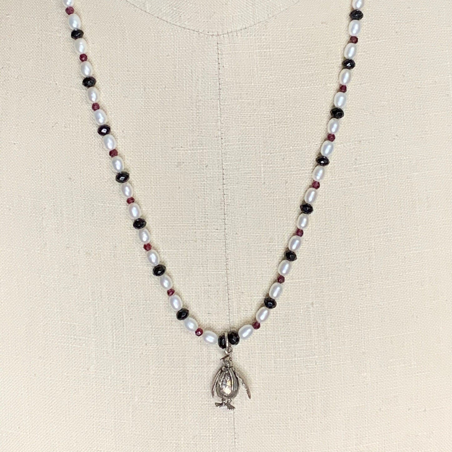 necklace "South Pole Resident" Sterling Penguin, Pearls, Onyx, Garnet, Gift idea, Reiki charged, January birthstone, Penguin necklace