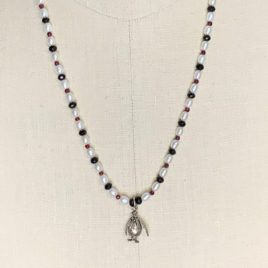 necklace "South Pole Resident" Sterling Penguin, Pearls, Onyx, Garnet, Gift idea, Reiki charged, January birthstone, Penguin necklace