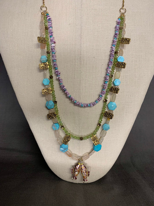 Multi-strand necklace "Koi Pond" Koi pendant, Brass Lotus charms, Peridot, Shells, Turquoise, Pisces, Gift idea, Statement piece, Reiki vibe