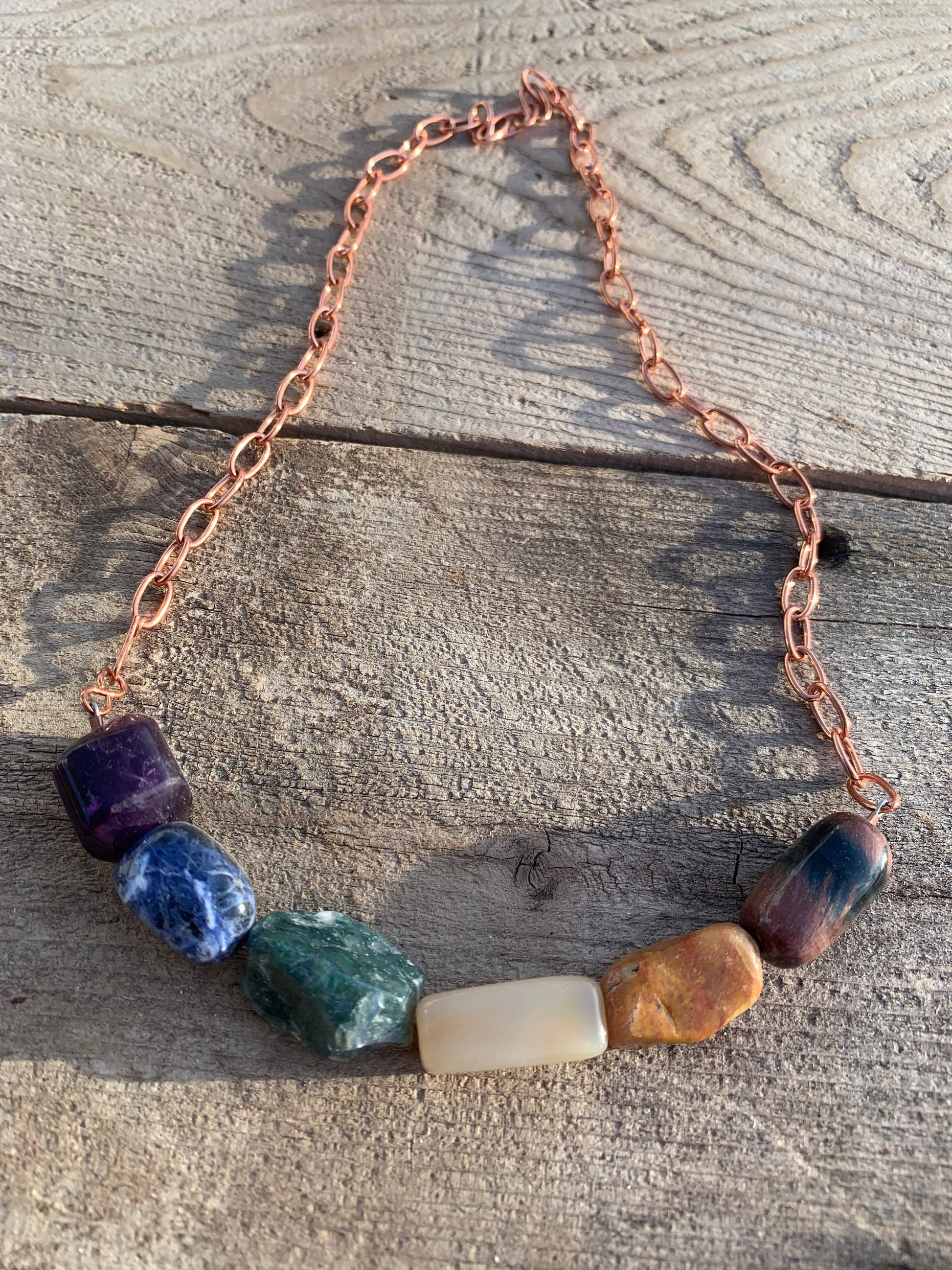 Necklace “Earthy Rainbow” Pride necklace, Gender Neutral, LGBTQ+ jewelry, Red Tiger Eye, Jasper, Agate, Moss Agate, Sodalite, Fluorite