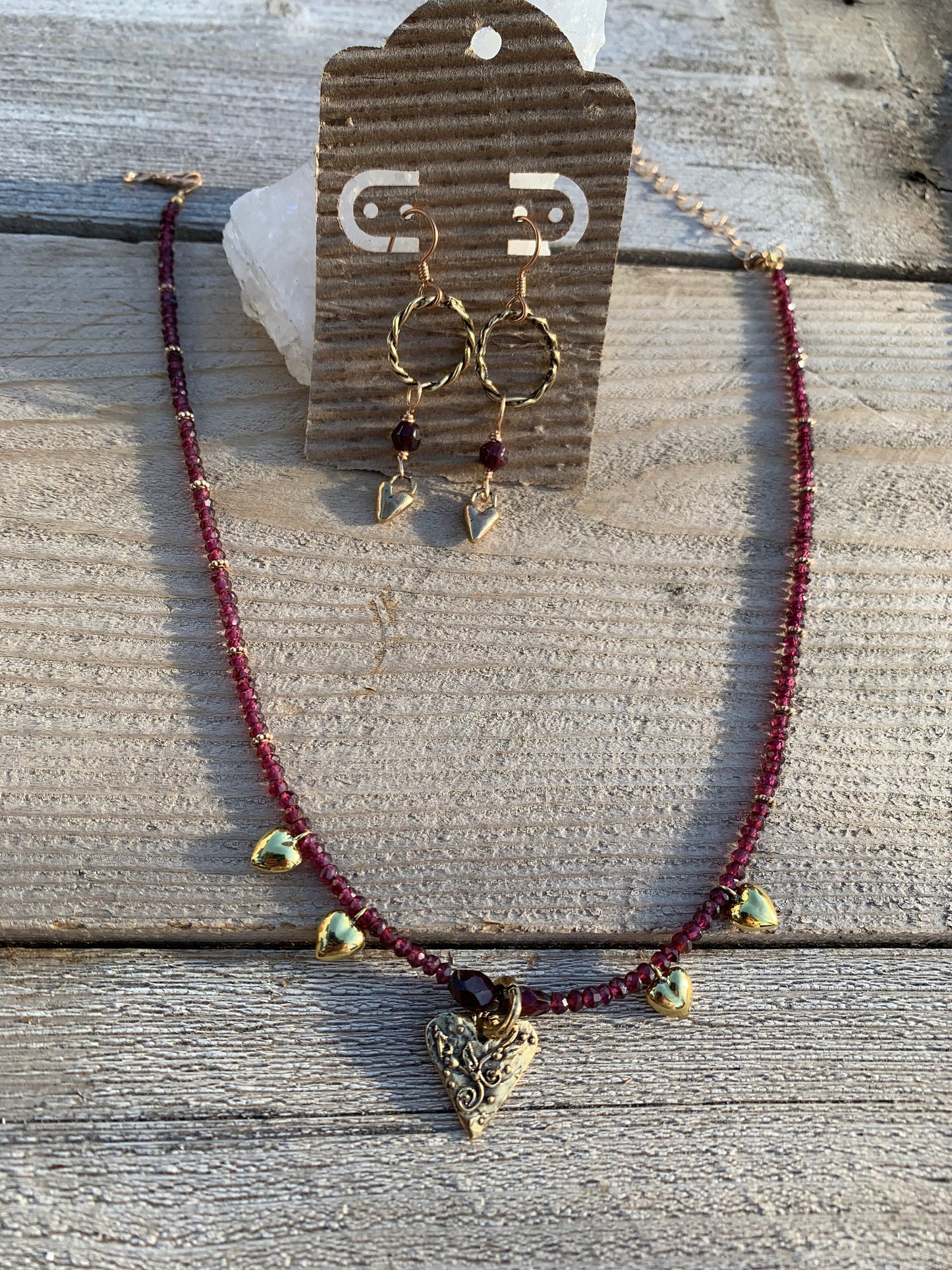 Necklace “Bohemian Heart” Hand cast Bronze Heart, Garnets, Bronze Puffed hearts, Gift idea, Valentines Day, Bridal Jewelry, Reiki charged