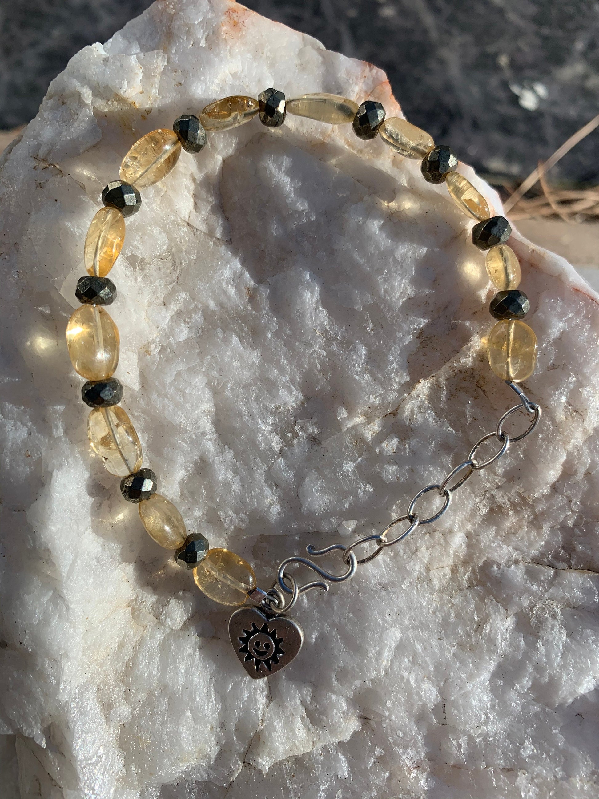 Bracelet “Because I’m Happy” Citrine, Pyrite, Fine Silver Heart, Valentines Day gift, Gender neutral jewelry, Reiki charged, Chakra jewelry