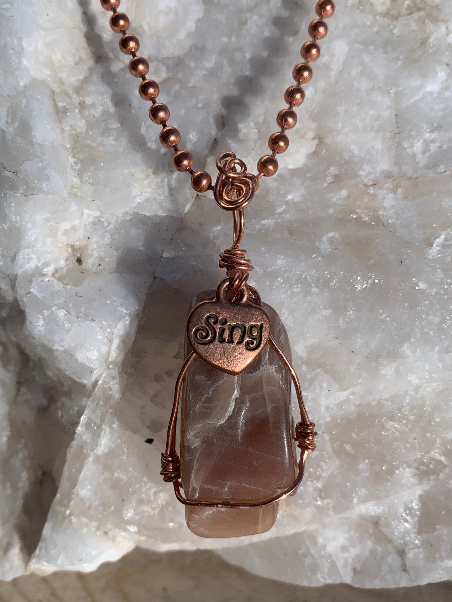 Pendant "Sing" Red Moonstone, Copper Heart charm, Copper wire, Self-love, Music Lover, Gender Neutral pendant, Gift idea, festival jewelry