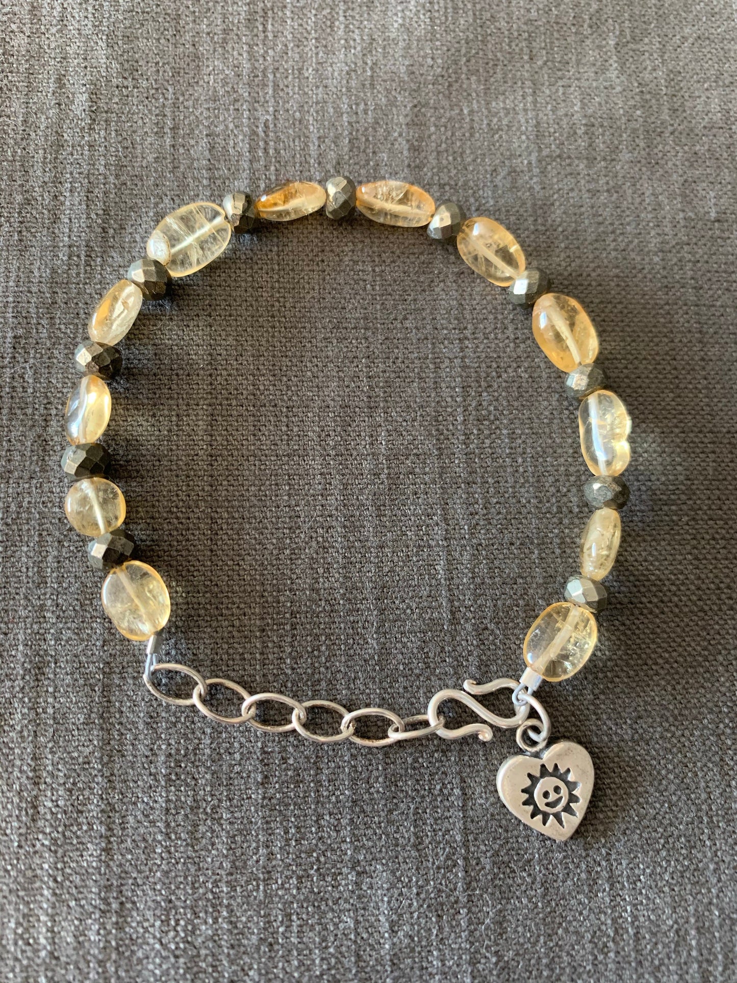 Bracelet “Because I’m Happy” Citrine, Pyrite, Fine Silver Heart, Valentines Day gift, Gender neutral jewelry, Reiki charged, Chakra jewelry