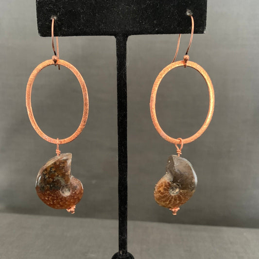 earrings "Ammonite Hoops" Brushed Copper Hoops, Ammonite fossils, Statement earrings, Gift Idea, Reiki charged, Bohemian Earrings