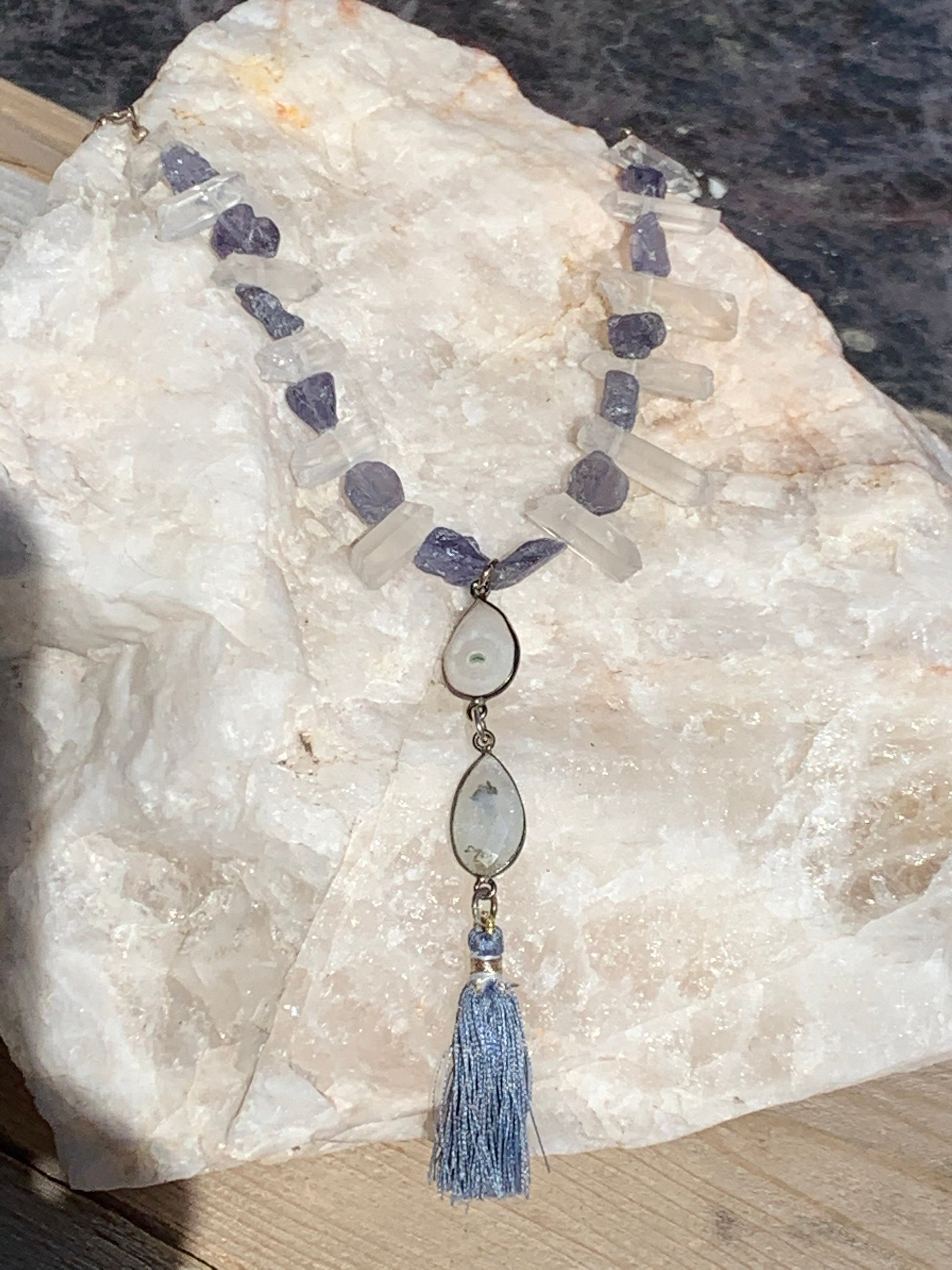 Necklace "Storm Clouds" Solar Quartz & Tassel pendant, Raw Iolite, Quartz Points, Tassel jewelry, Gender Neutral Gift Idea, Statement piece