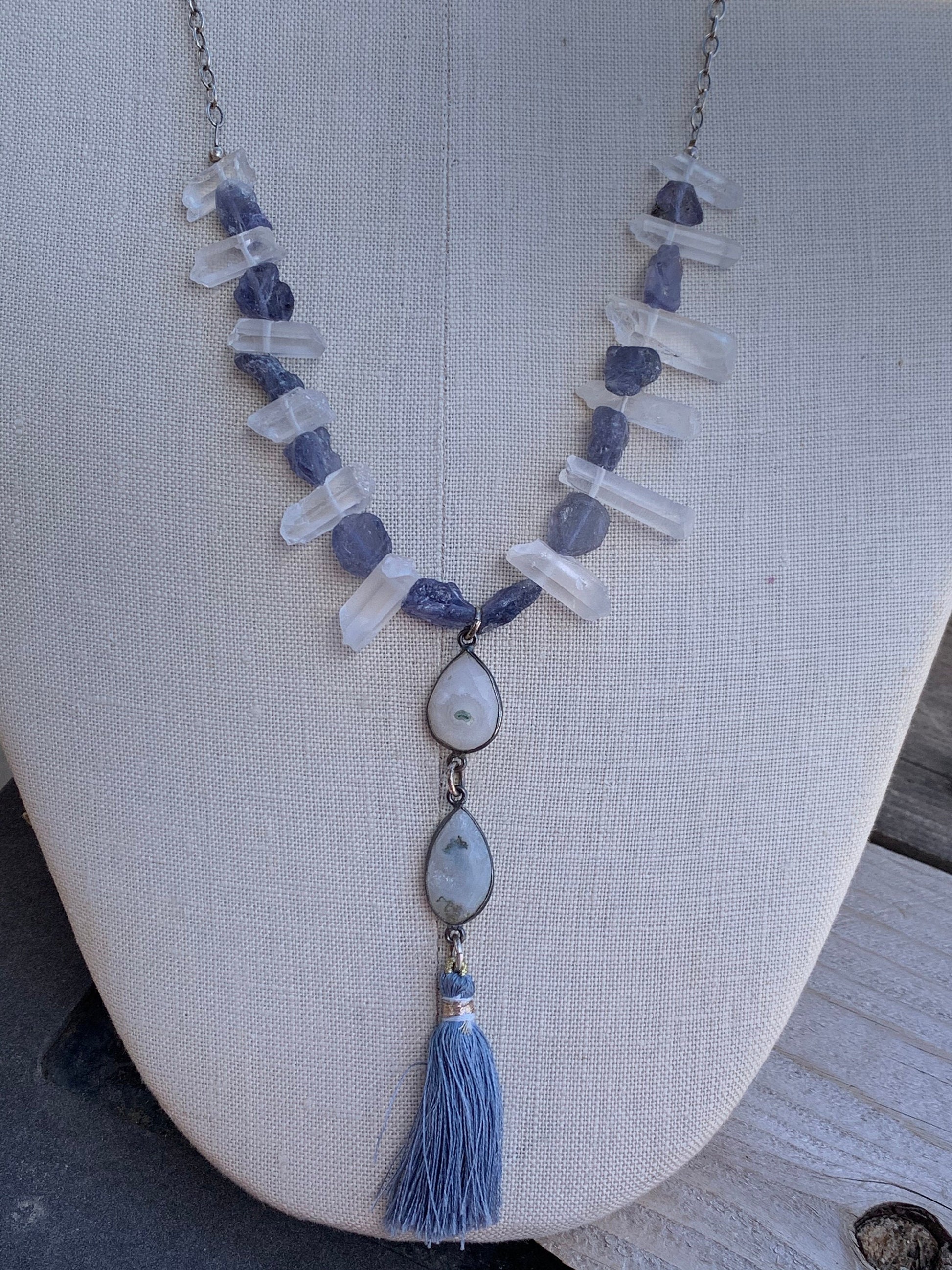 Necklace "Storm Clouds" Solar Quartz & Tassel pendant, Raw Iolite, Quartz Points, Tassel jewelry, Gender Neutral Gift Idea, Statement piece