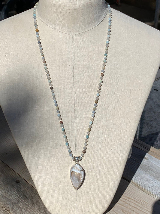 necklace "Frost Shell" Druzy Fossil Shell, Chalcedony, Amazonite, Hill Tribe Silver, Ocean jewelry, Gender Neutral, Mermaid necklace, Reiki