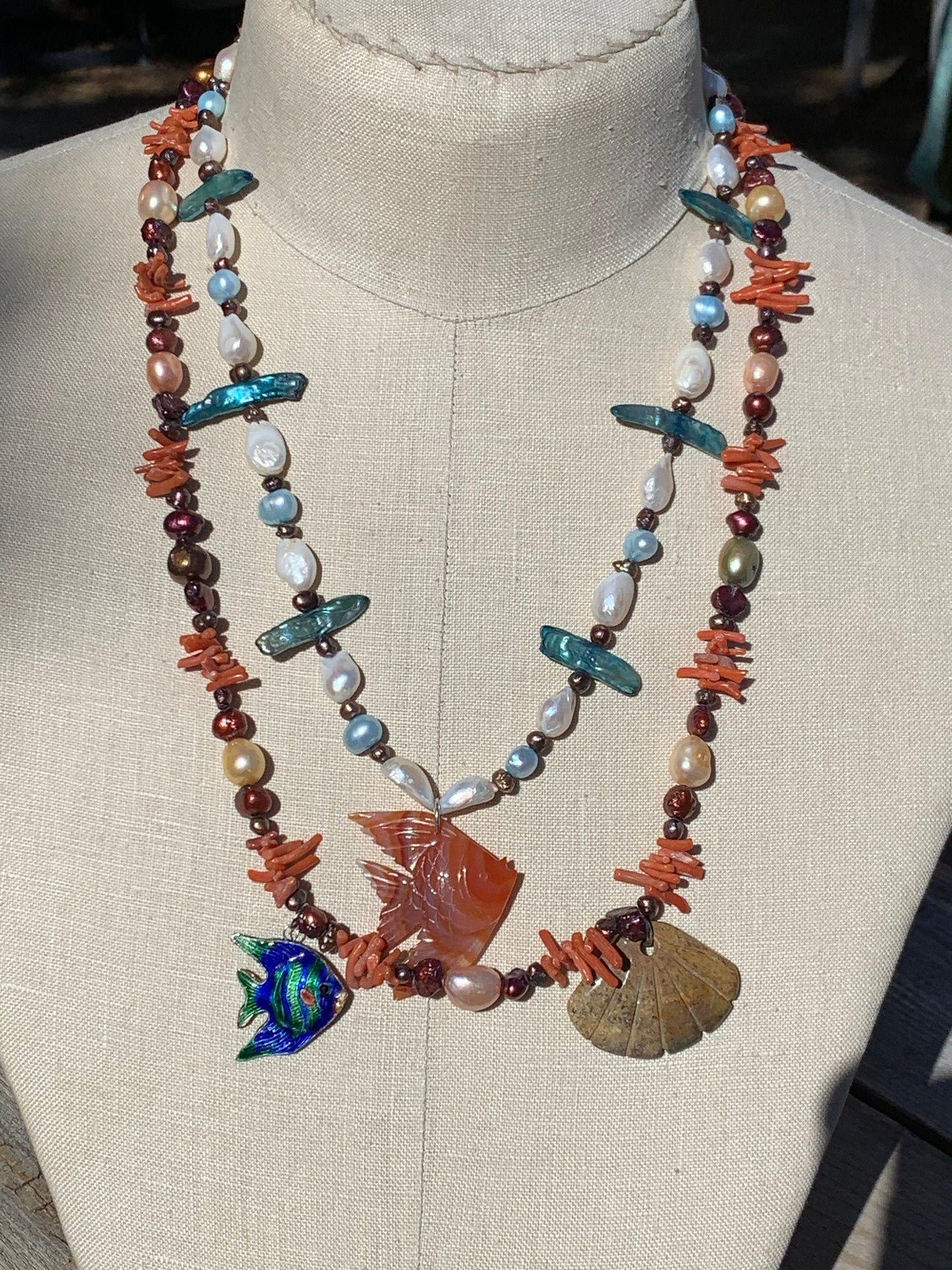 Ocean necklace "Tropical Reef" Carnelian Fish, Enameled Fish, Jasper Shell, Vintage Coral, Freshwater Pearls, Gift idea, Mermaid jewelry