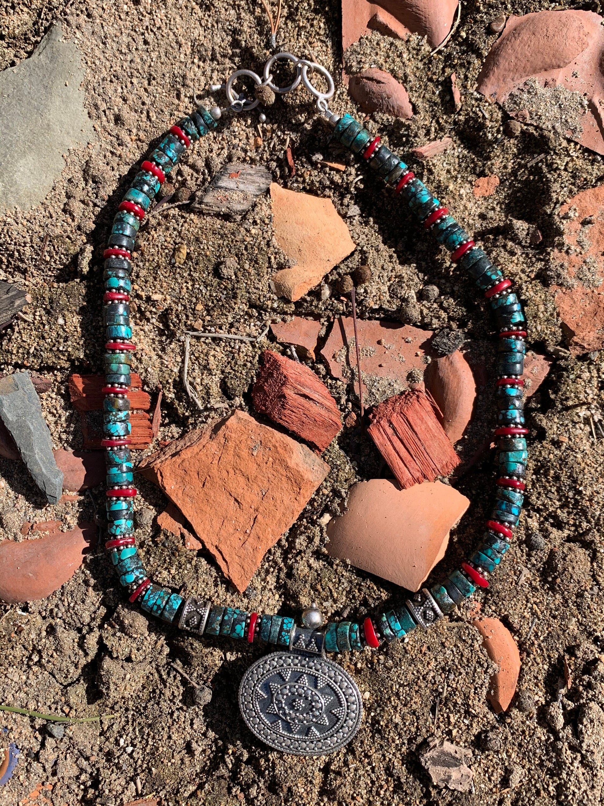 necklace "Star Turquoise" Sterling Bali pendant, Turquoise, Bali Sterling Beads, Red Coral, Gender Neutral jewelry, Gift Idea, Reiki charged