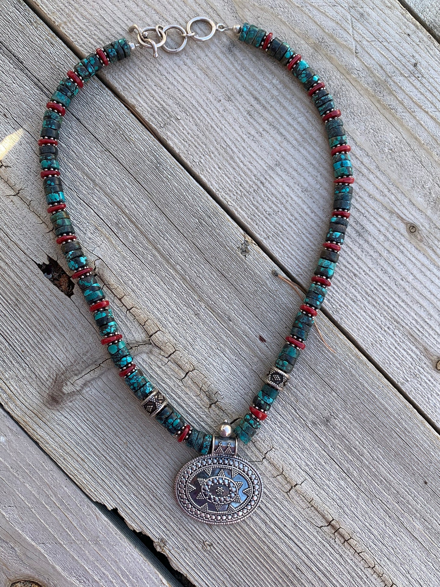 necklace "Star Turquoise" Sterling Bali pendant, Turquoise, Bali Sterling Beads, Red Coral, Gender Neutral jewelry, Gift Idea, Reiki charged