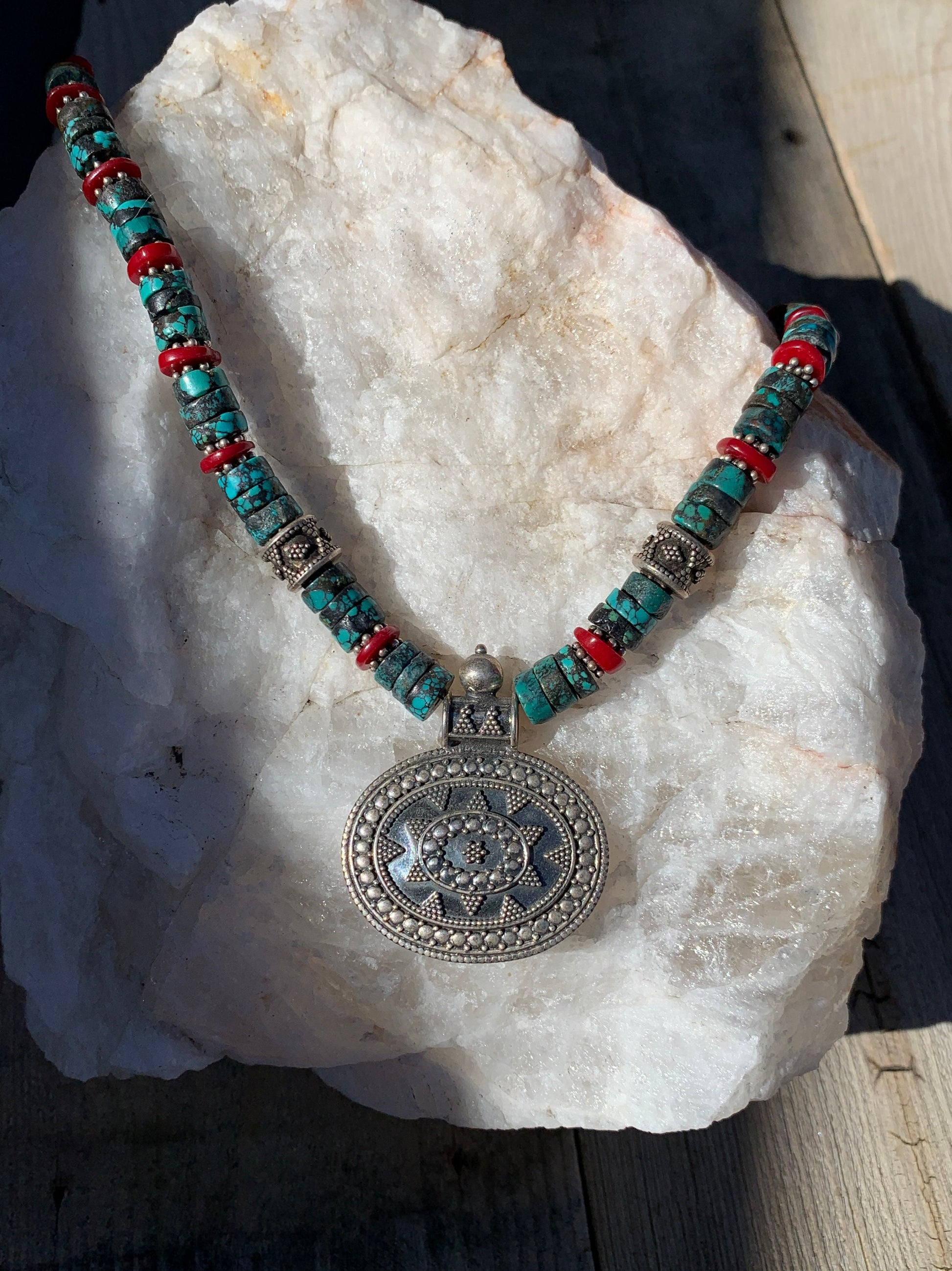 necklace "Star Turquoise" Sterling Bali pendant, Turquoise, Bali Sterling Beads, Red Coral, Gender Neutral jewelry, Gift Idea, Reiki charged