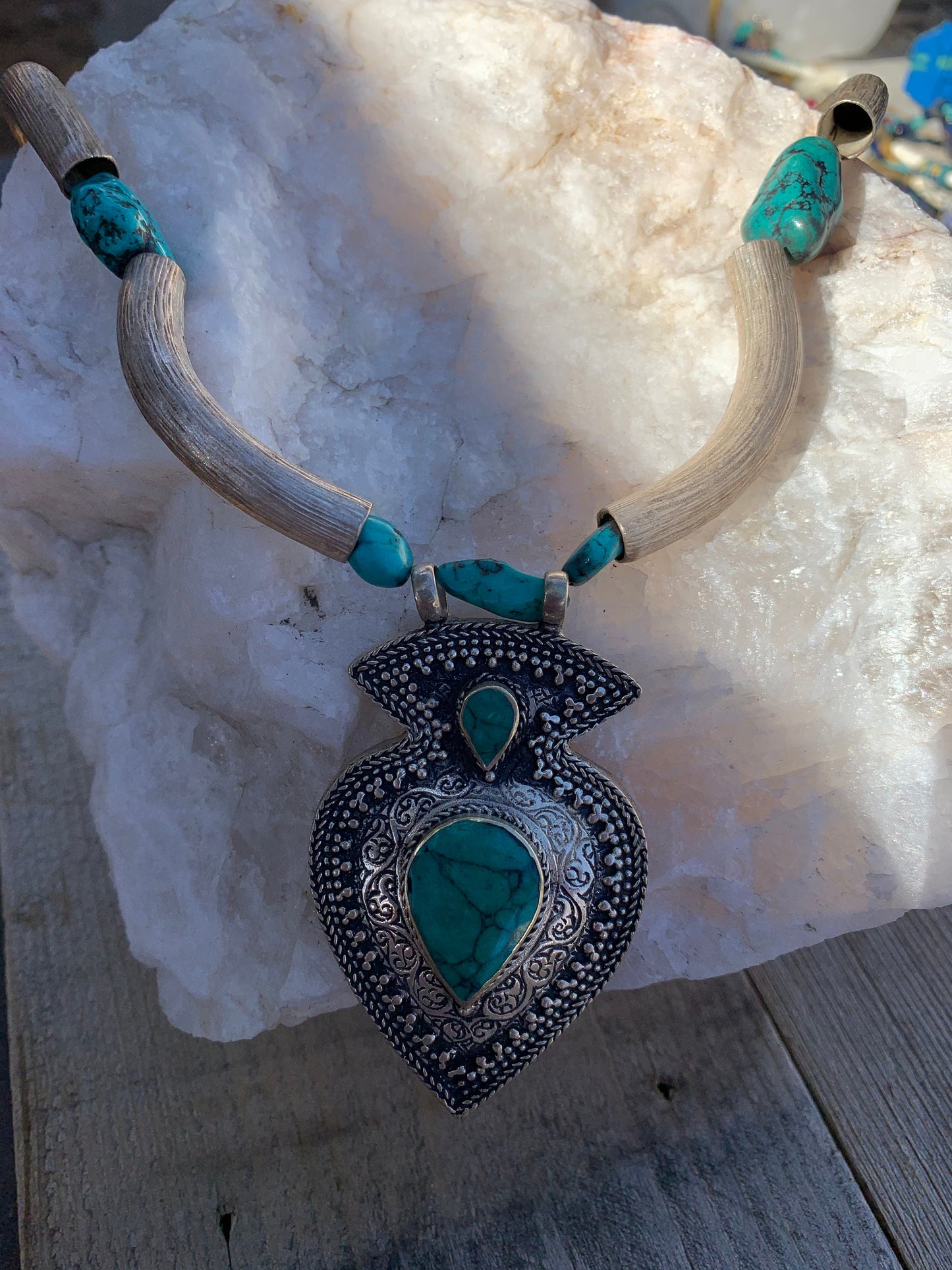 necklace "Oriental Turquoise" Kuchi pendant, Fine Silver, Tibetan turquoise, Bali Sterling beads, Statement piece, Gender Neutral, Gift idea