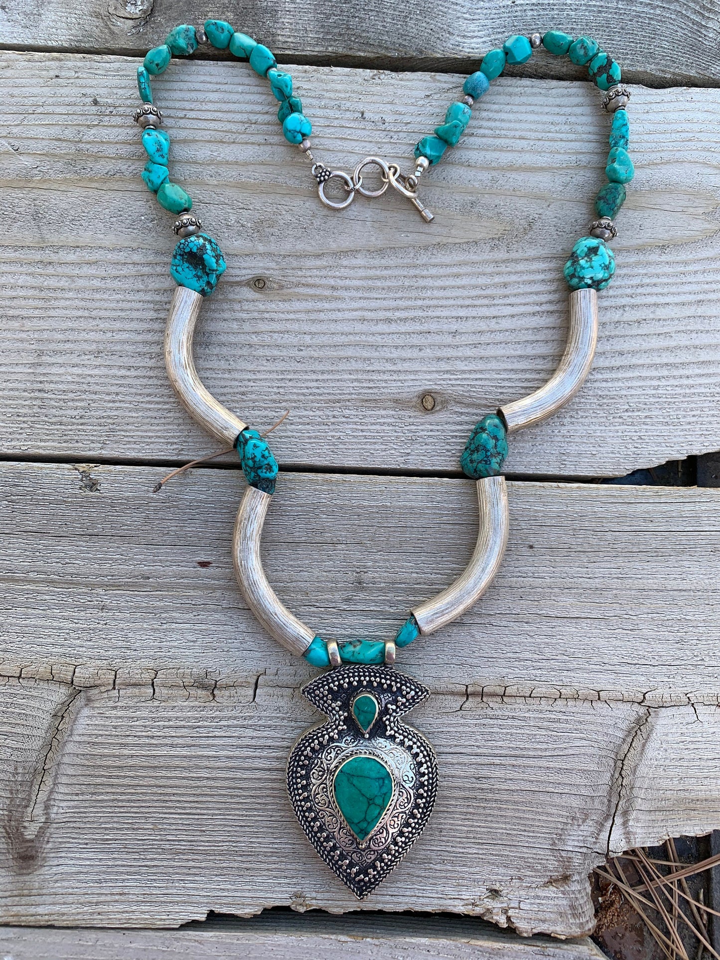 necklace "Oriental Turquoise" Kuchi pendant, Fine Silver, Tibetan turquoise, Bali Sterling beads, Statement piece, Gender Neutral, Gift idea