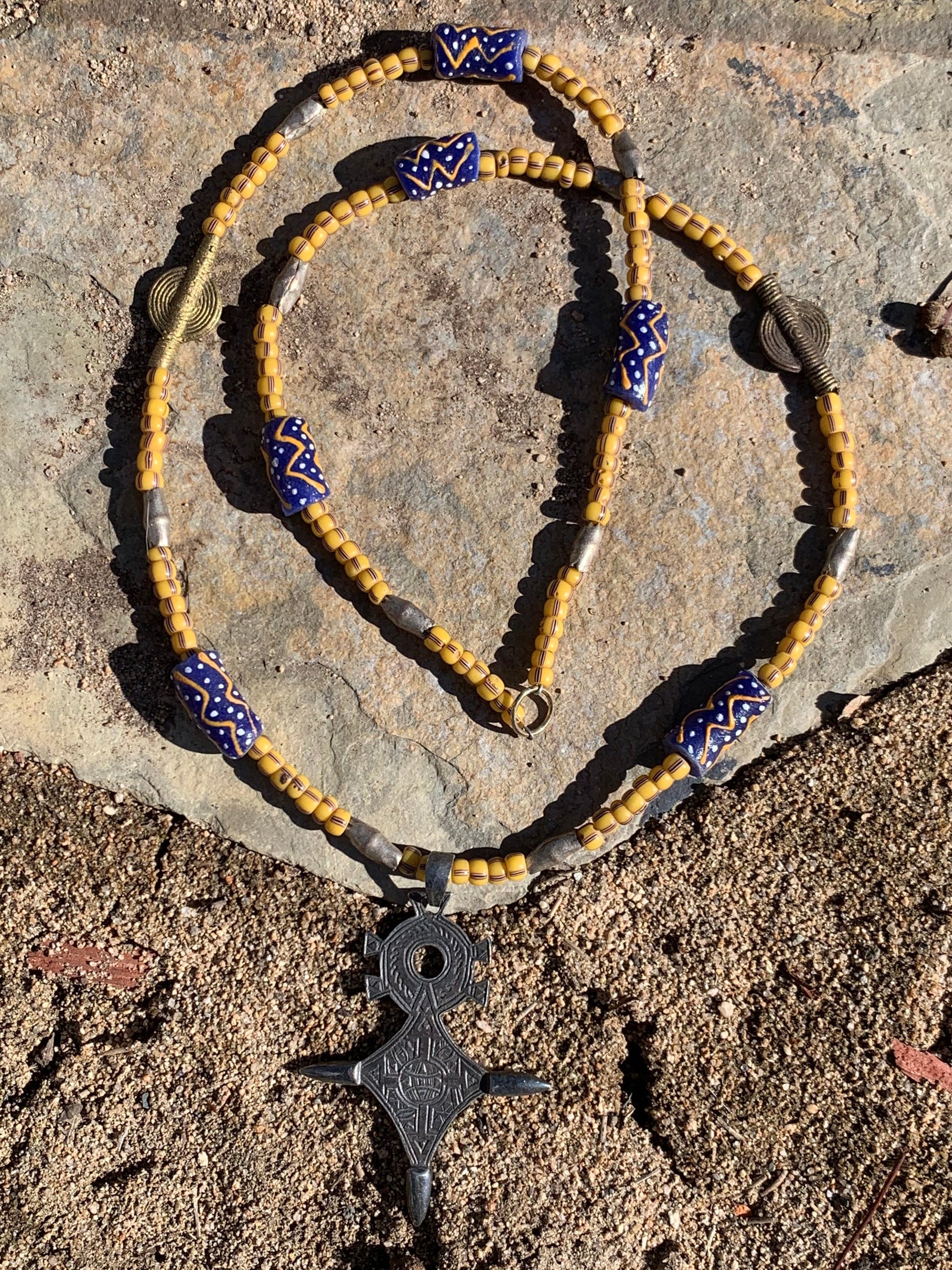 necklace "All Over Africa" Tuareg Cross, African Trade Beads, Krobo Beads, Sun Baule Brass beads, Gift Idea, Gender Neutral necklace