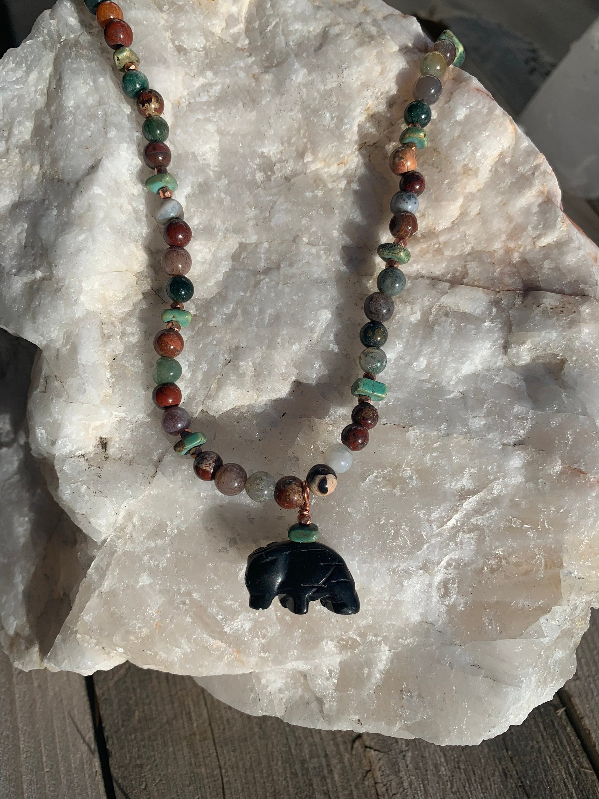 necklace "Idealized Past" Carved Onyx Zuni Buffalo, Turquoise, Agate, Jasper, Copper, Wild West series, Gift idea, Gender Neutral jewelry