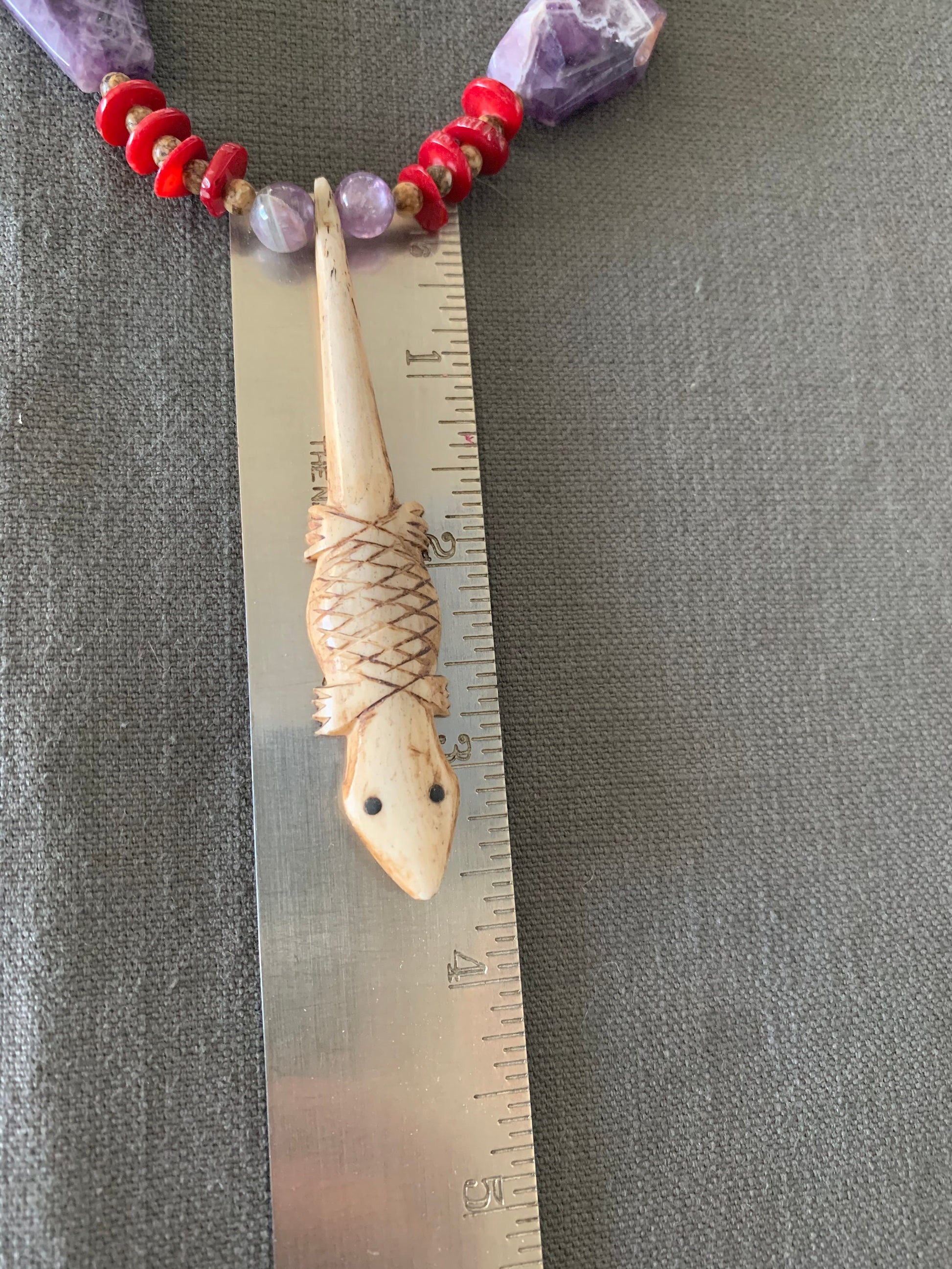 necklace "Desert Sunset" Carved Bone lizard, Chevron Amethyst, Red Coral, Jasper, Southwest jewelry, Gender Neutral necklace, Wild West