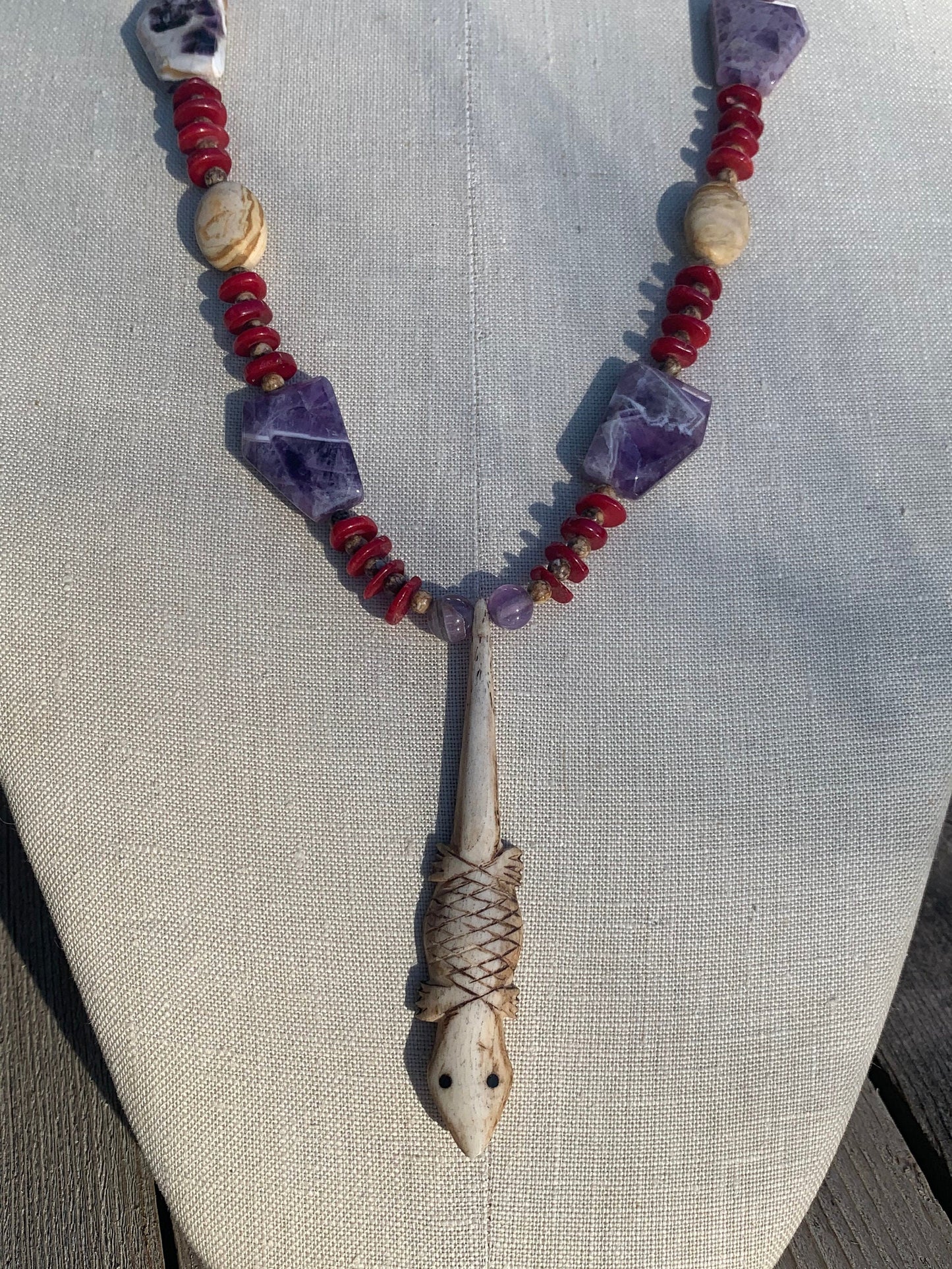 necklace "Desert Sunset" Carved Bone lizard, Chevron Amethyst, Red Coral, Jasper, Southwest jewelry, Gender Neutral necklace, Wild West