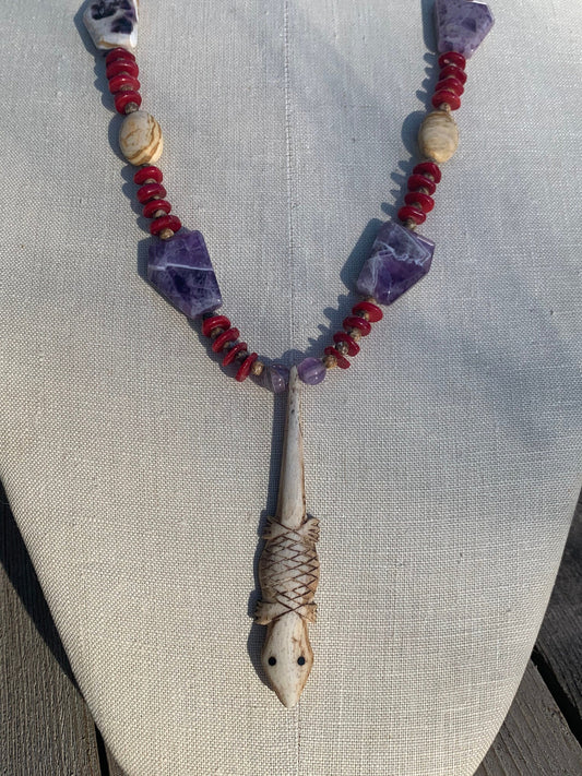 necklace "Desert Sunset" Carved Bone lizard, Chevron Amethyst, Red Coral, Jasper, Southwest jewelry, Gender Neutral necklace, Wild West