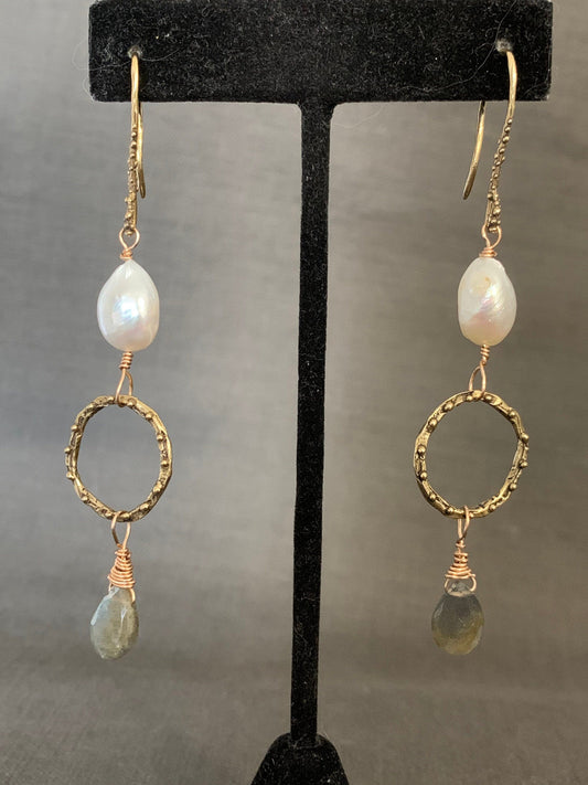 Earrings “Ethereal Drops” Hand Cast Bronze Links and Hooks, Freshwater Pearls, Labradorite, Statement Earrings, Zoom Jewelry, Reiki charged