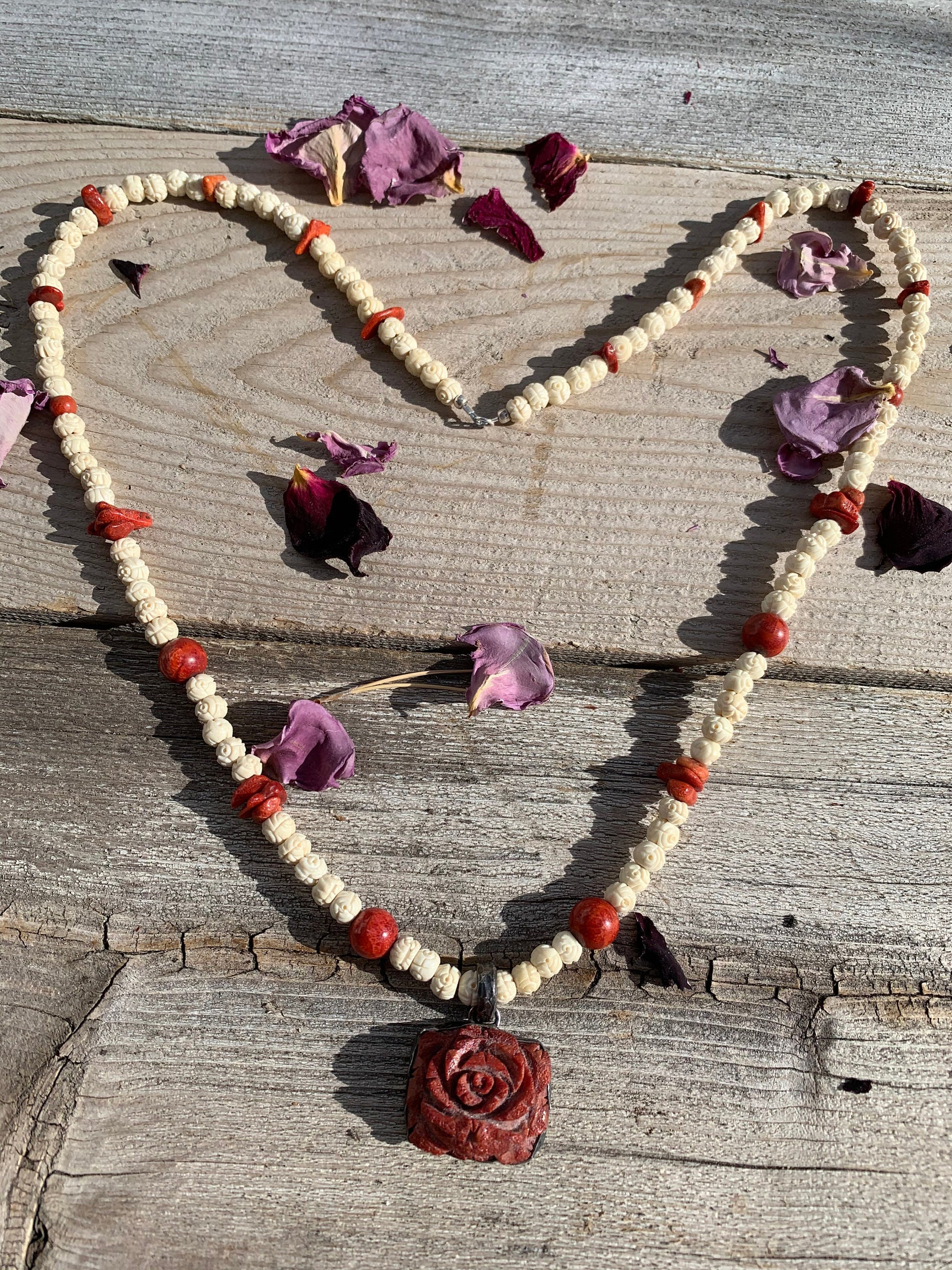 Necklace “Spring Rose” Vintage Carved Coral Rose pendant, Vintage carved bone Rose beads, Vintage Coral Beads, Gift idea, Spring line