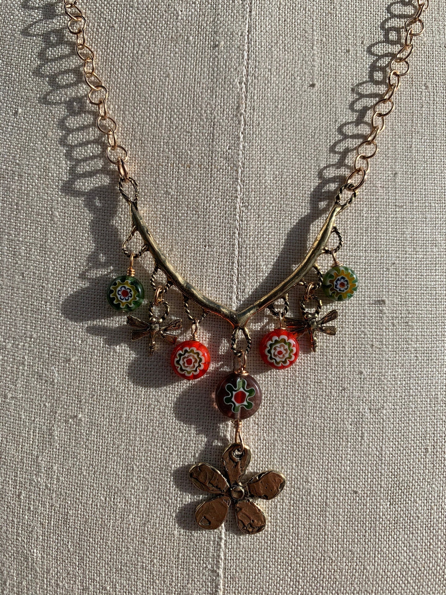 Necklace “Garden Party” hand cast Bronze Flower, hand cast Bronze Dragonflies, Millefiori flowers, Spring, Bronze charm necklace, Gift idea