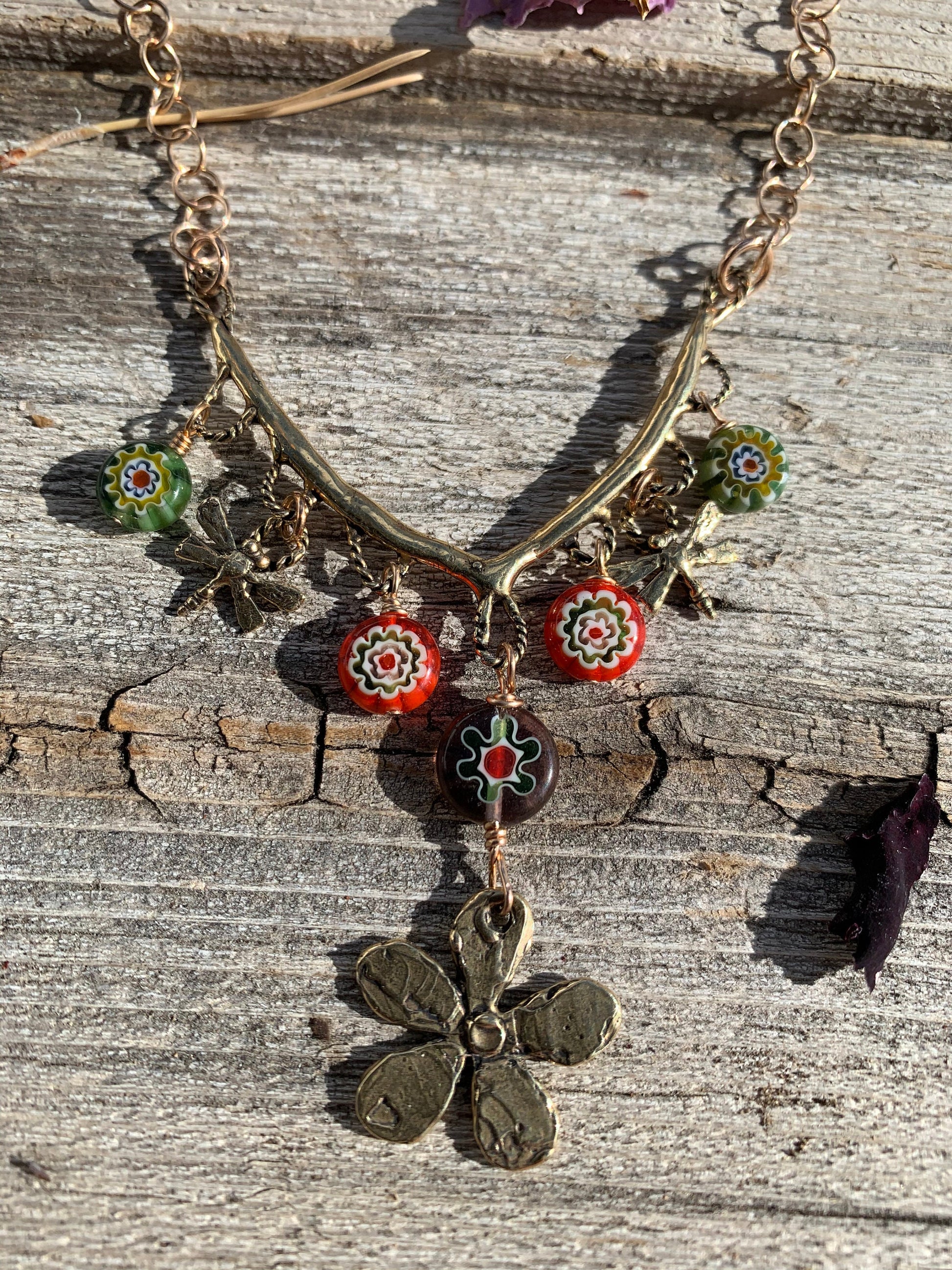 Necklace “Garden Party” hand cast Bronze Flower, hand cast Bronze Dragonflies, Millefiori flowers, Spring, Bronze charm necklace, Gift idea