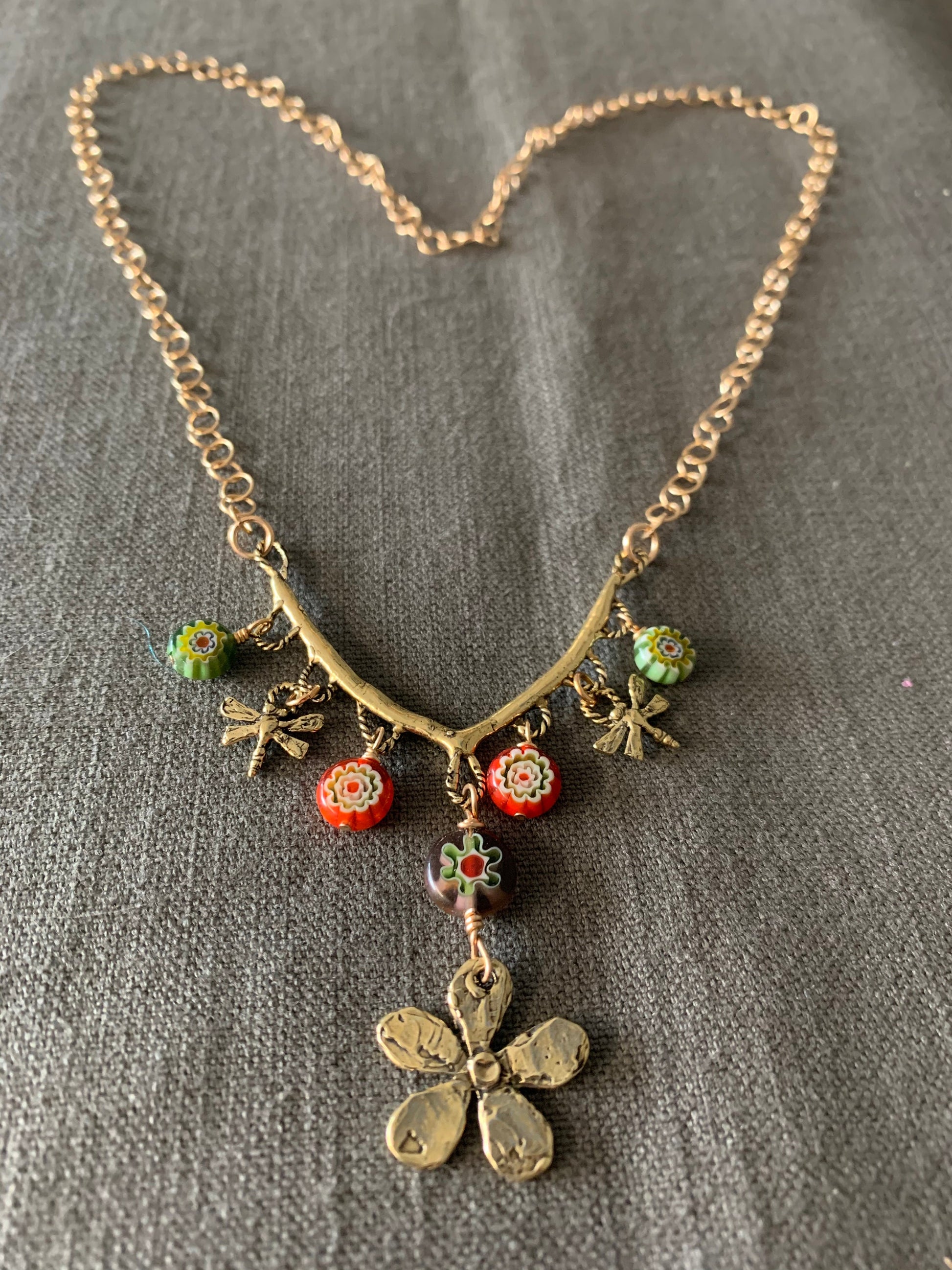 Necklace “Garden Party” hand cast Bronze Flower, hand cast Bronze Dragonflies, Millefiori flowers, Spring, Bronze charm necklace, Gift idea