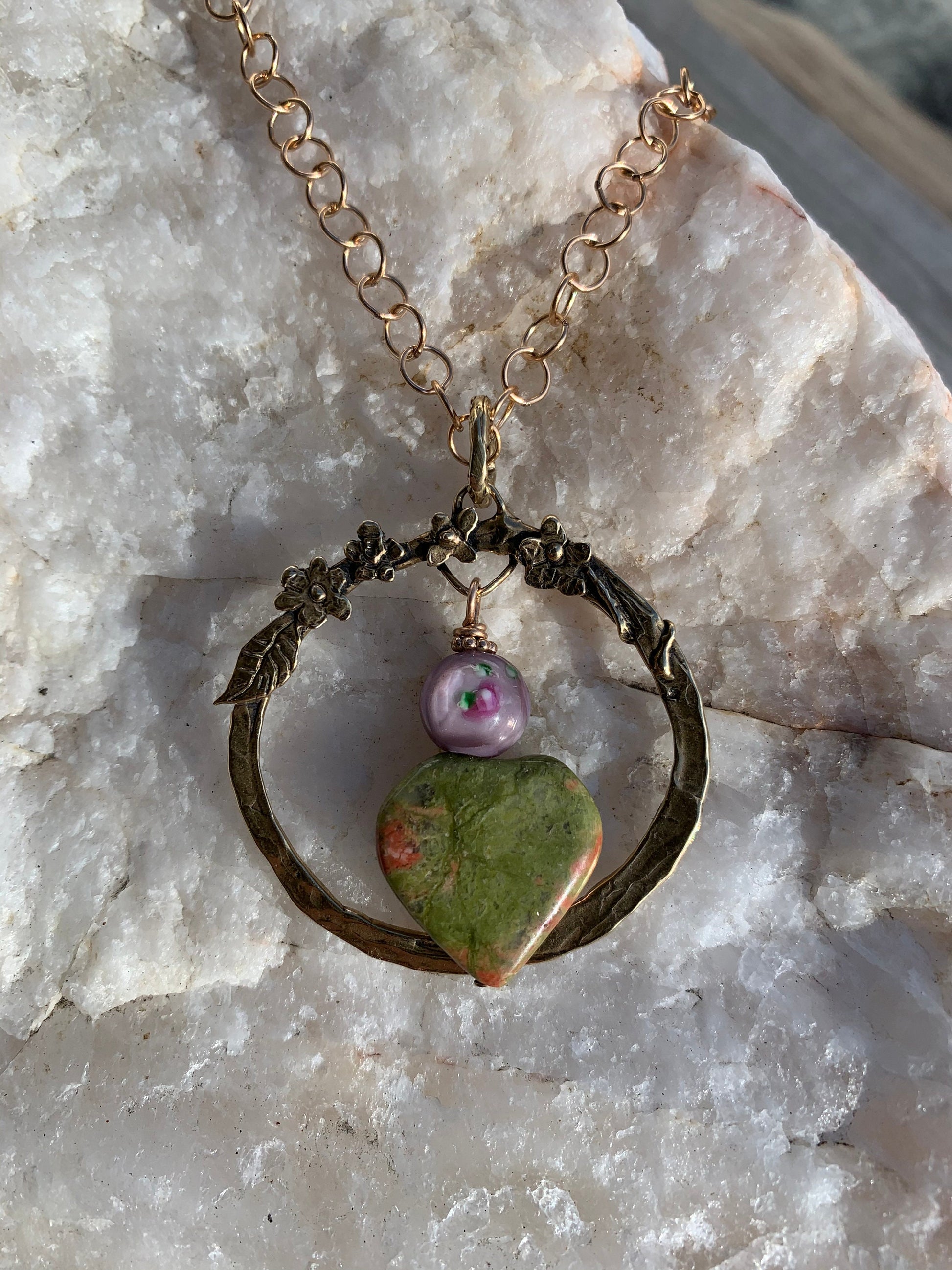 Pendant “Spring Heart” Hand Cast Bronze Floral Charm Holder, Unakite Heart, Lampwork Floral Bead, Spring Line, Gift idea, Gender Neutral