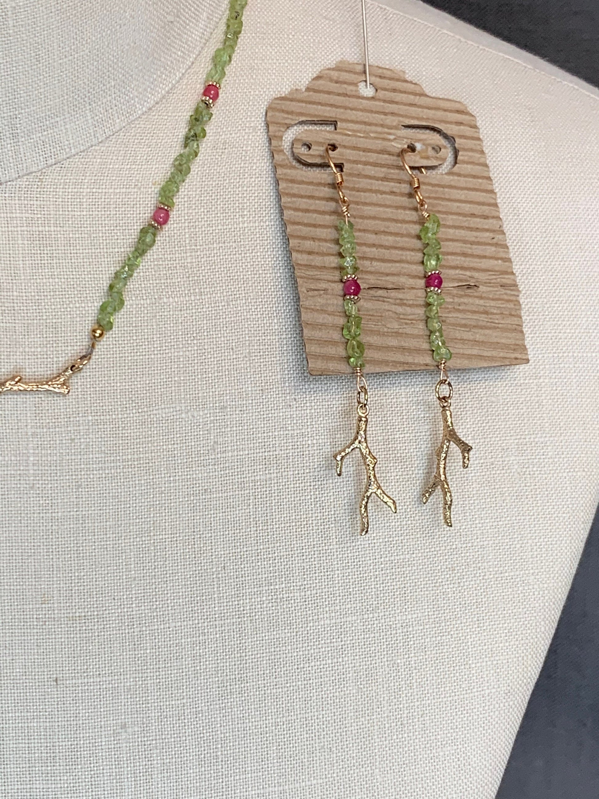 Jewelry set “First Bloom” Bronze branches, Peridot, Spring Line, Gift Idea, Pink Stone, Reiki charged, New Beginnings