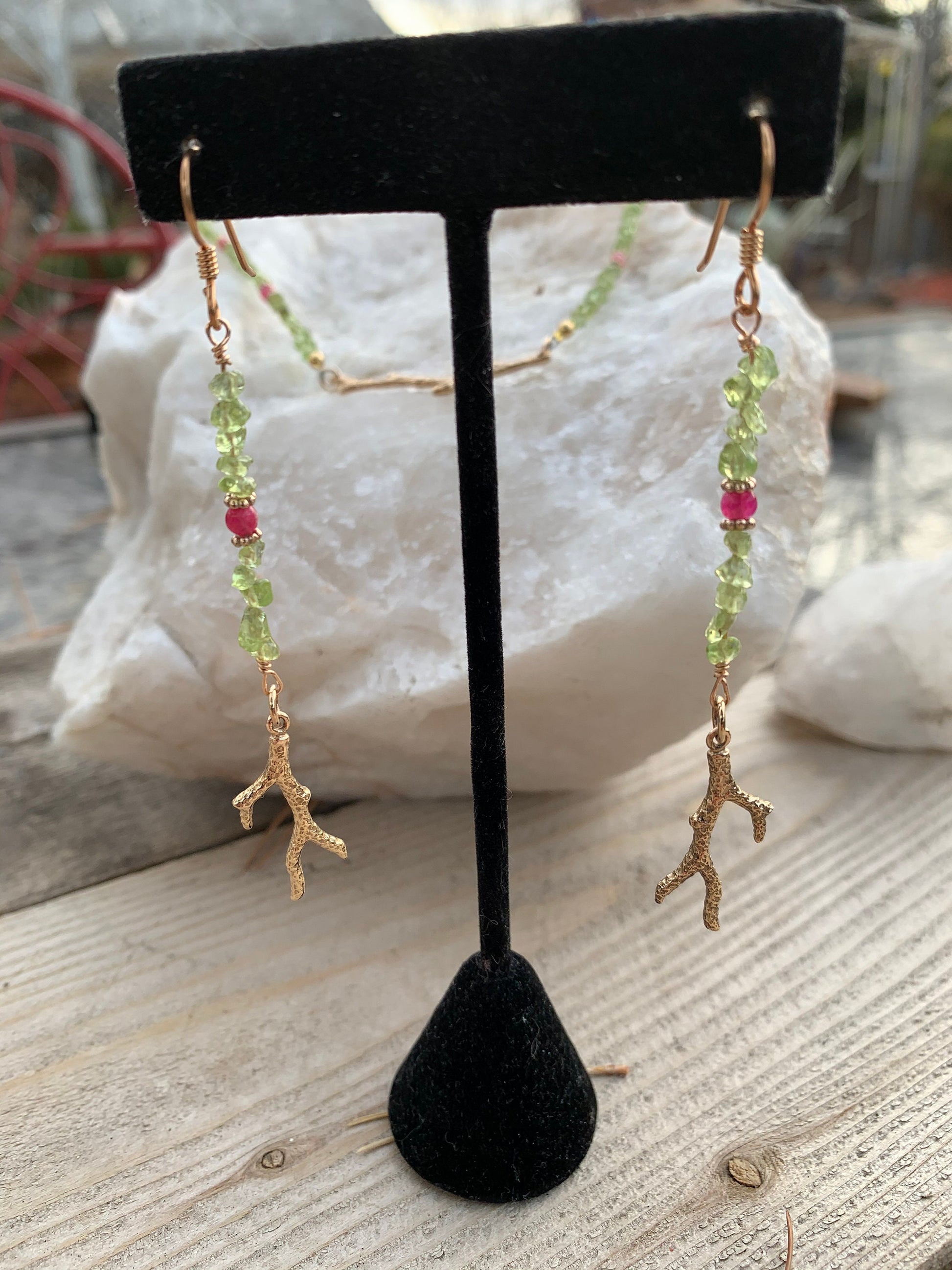 Jewelry set “First Bloom” Bronze branches, Peridot, Spring Line, Gift Idea, Pink Stone, Reiki charged, New Beginnings