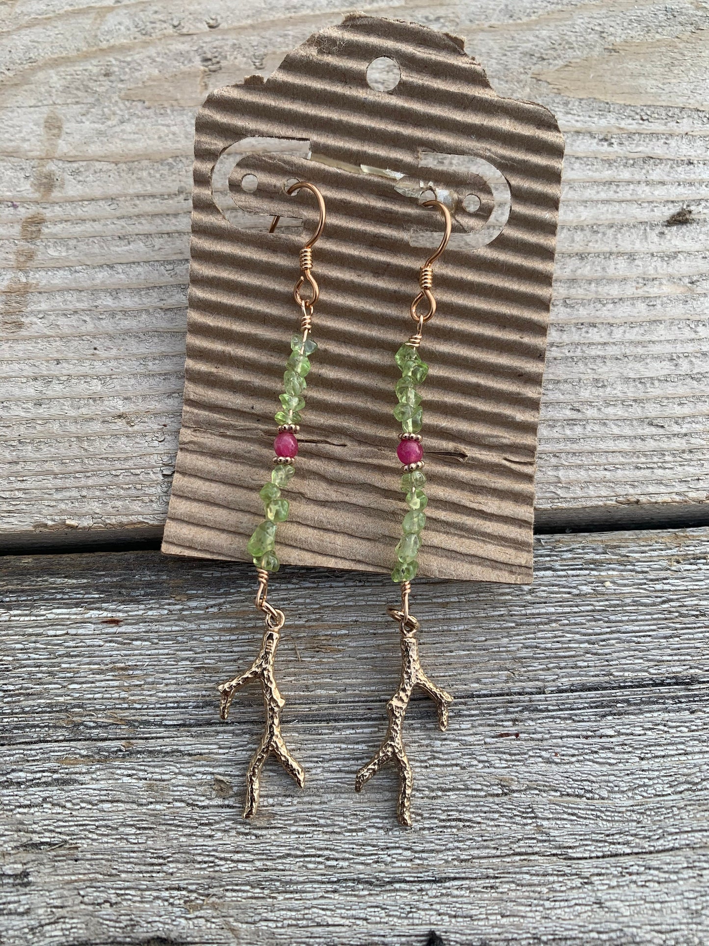 Jewelry set “First Bloom” Bronze branches, Peridot, Spring Line, Gift Idea, Pink Stone, Reiki charged, New Beginnings