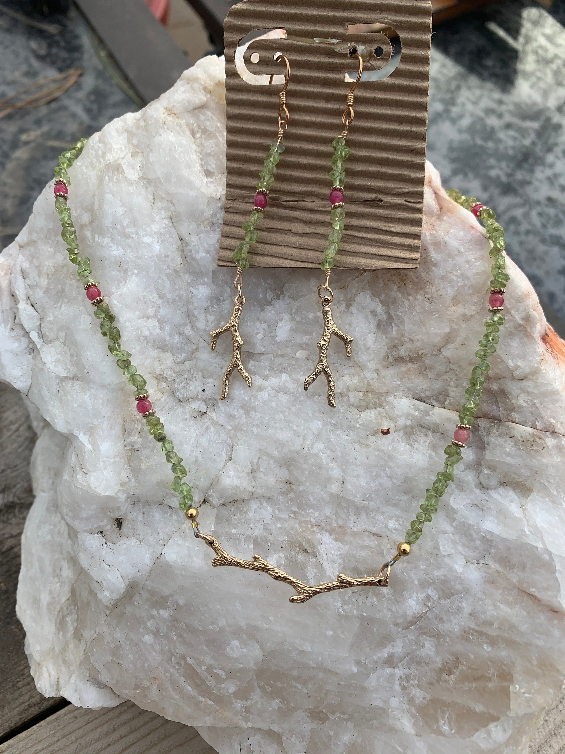 Jewelry set “First Bloom” Bronze branches, Peridot, Spring Line, Gift Idea, Pink Stone, Reiki charged, New Beginnings