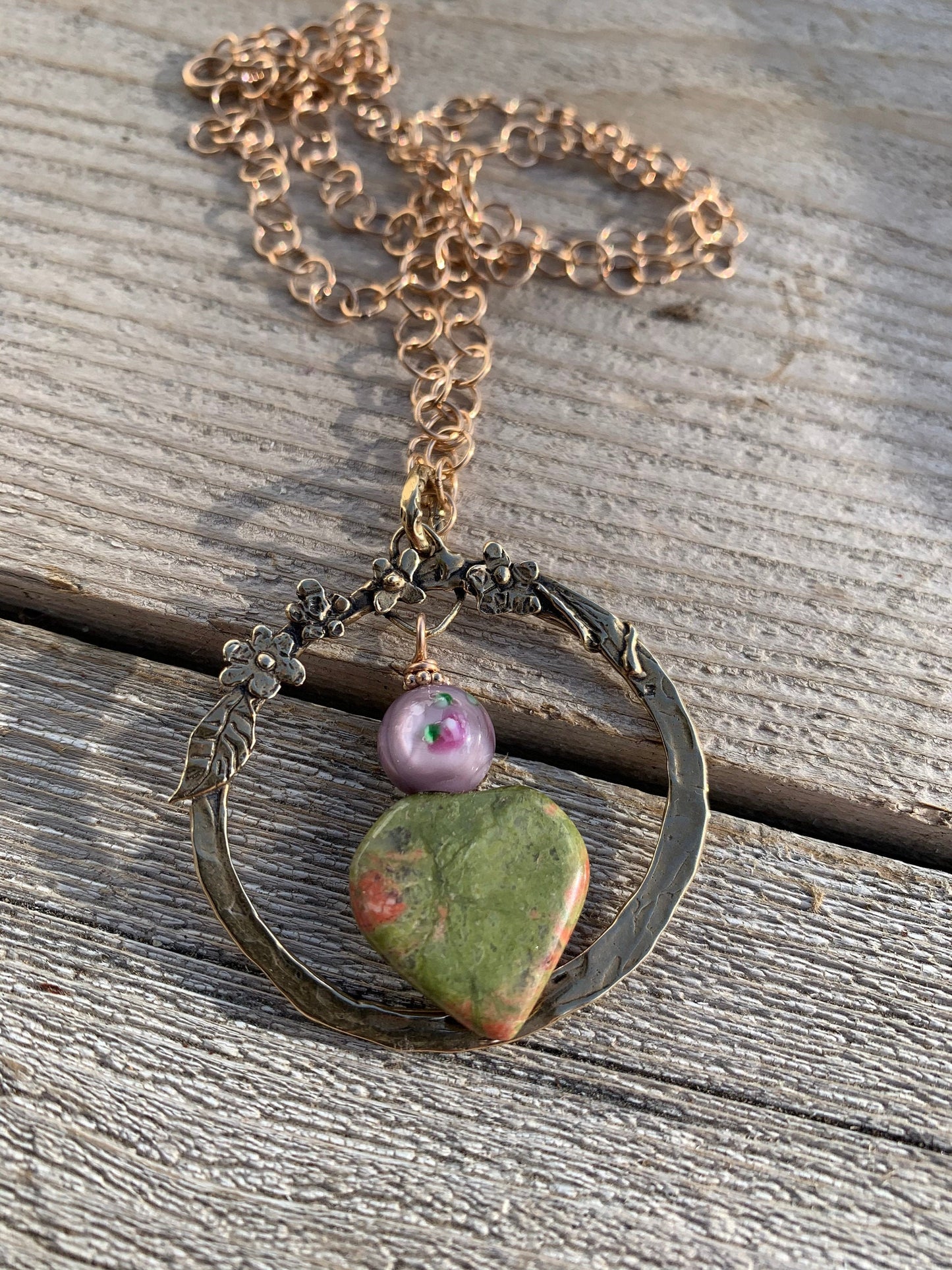 Pendant “Spring Heart” Hand Cast Bronze Floral Charm Holder, Unakite Heart, Lampwork Floral Bead, Spring Line, Gift idea, Gender Neutral