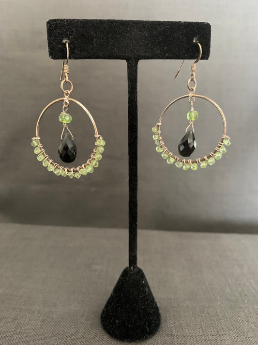 earrings "Forest Hoops" Sterling Hoops, Green Tourmaline, Peridot, Wire wrapped, Statement Earrings, Reiki charged, Hoop Earrings, Gift idea