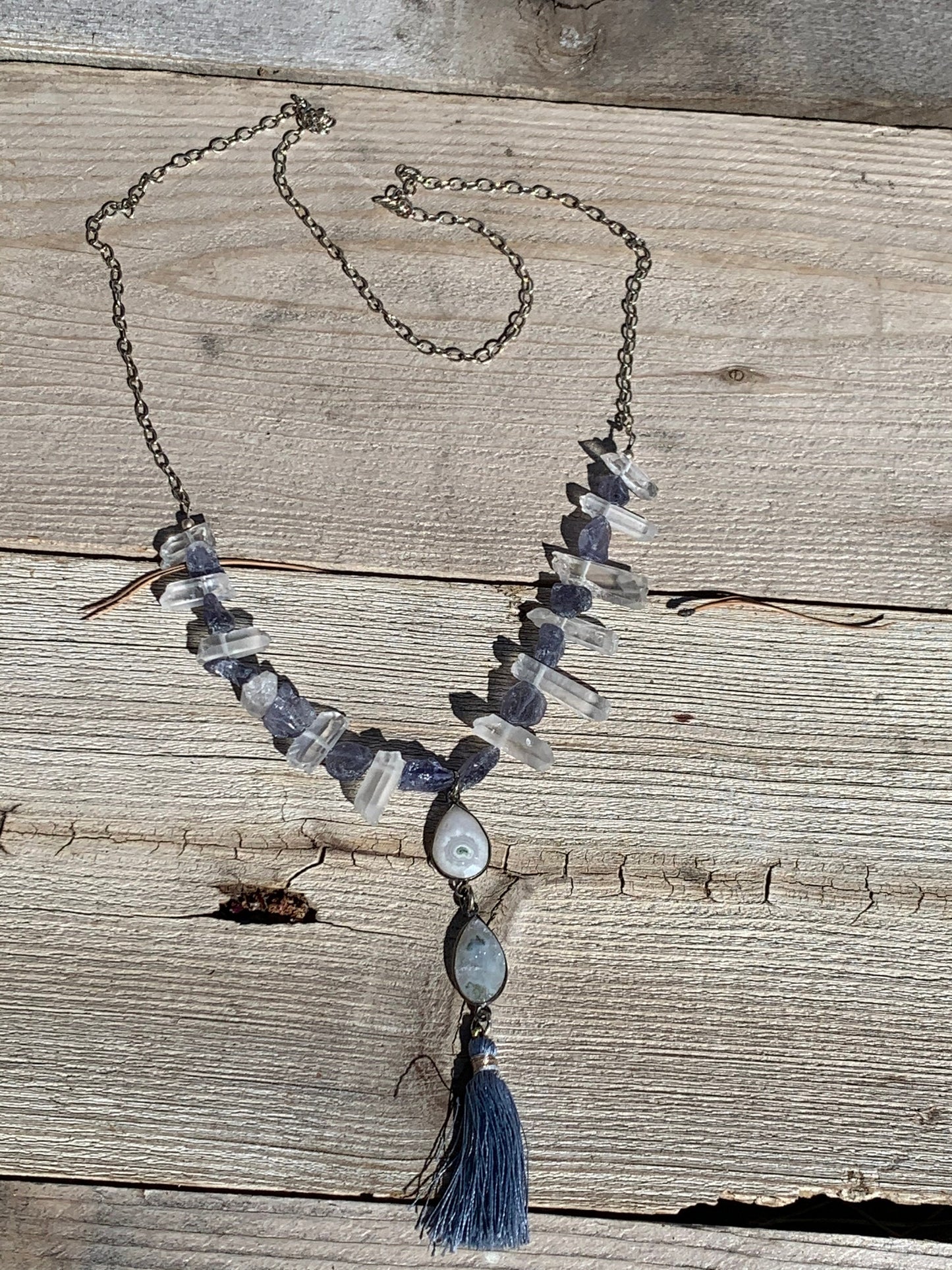 Necklace "Storm Clouds" Solar Quartz & Tassel pendant, Raw Iolite, Quartz Points, Tassel jewelry, Gender Neutral Gift Idea, Statement piece