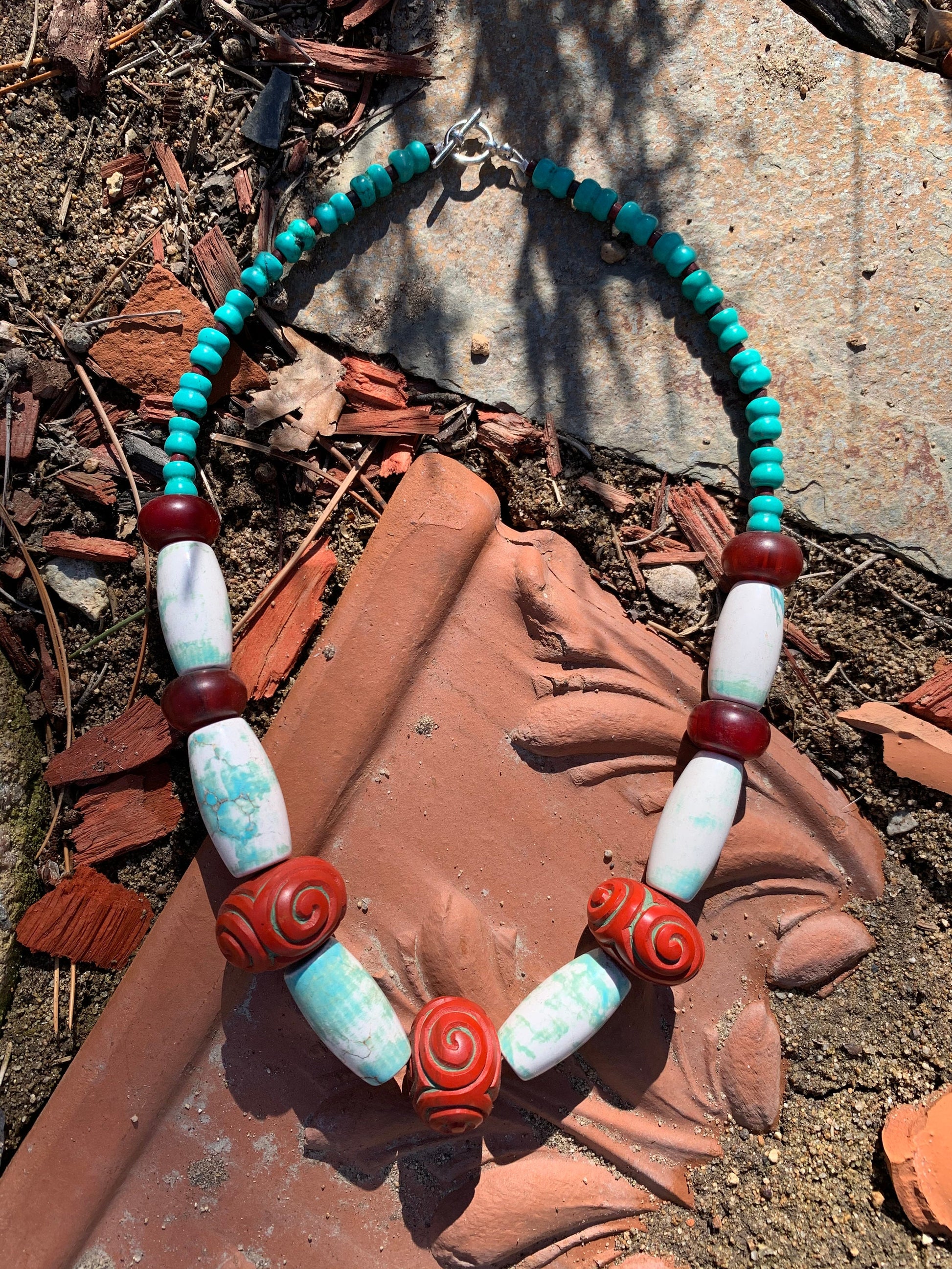 necklace "Mystery" Statement piece, Carved beads, Gender Neutral Jewelry, Large stone necklace, Reiki charged, Gift idea