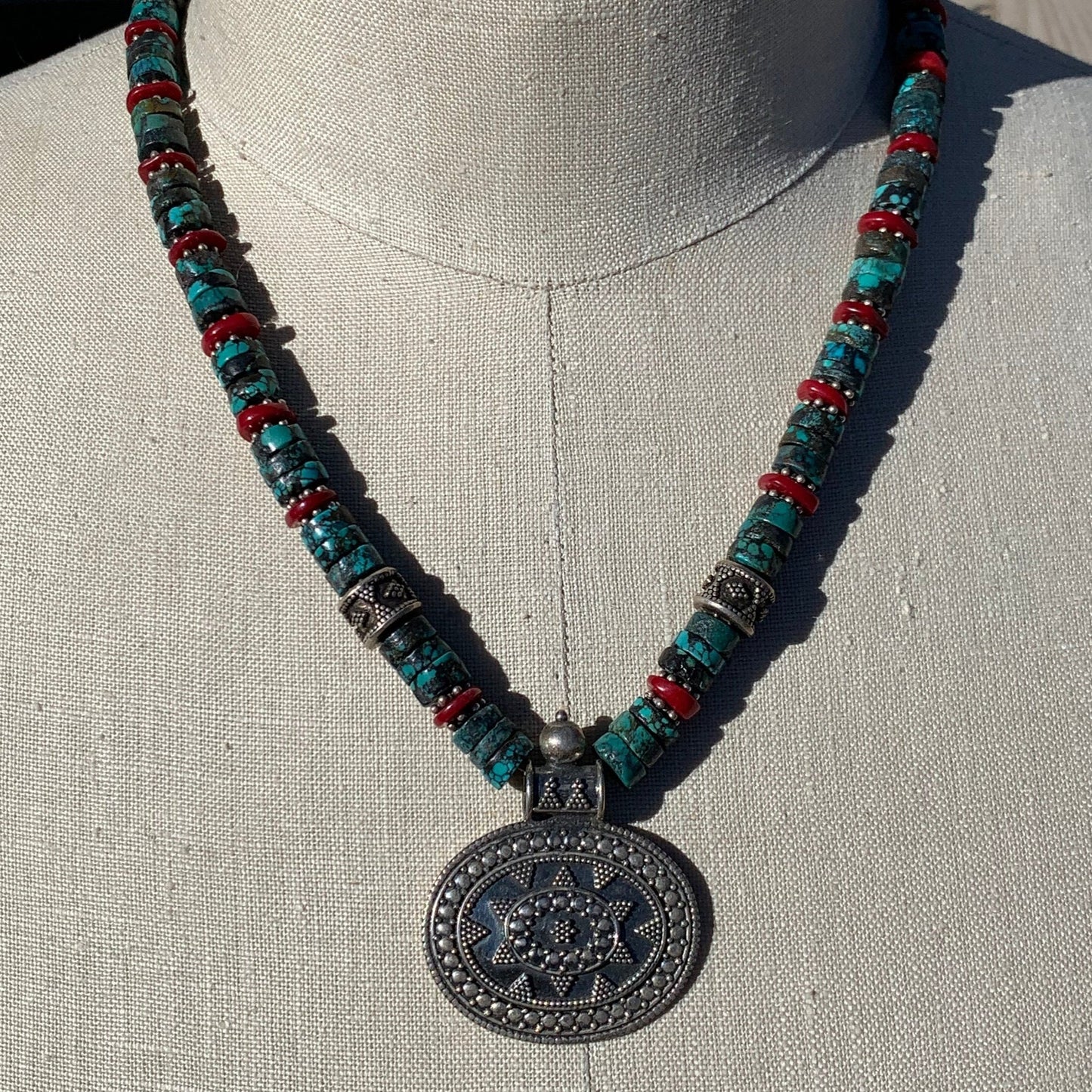 necklace "Star Turquoise" Sterling Bali pendant, Turquoise, Bali Sterling Beads, Red Coral, Gender Neutral jewelry, Gift Idea, Reiki charged