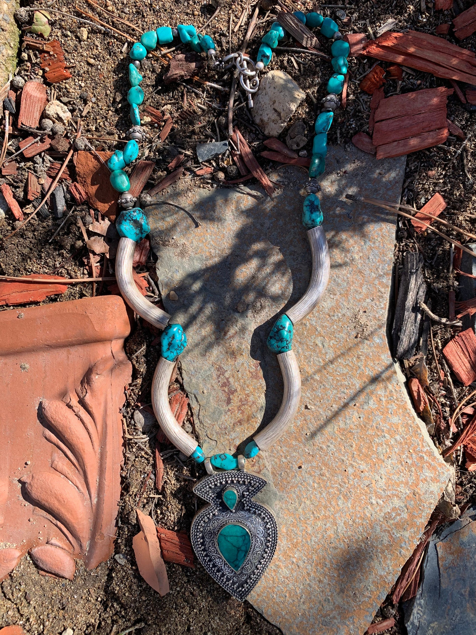 necklace "Oriental Turquoise" Kuchi pendant, Fine Silver, Tibetan turquoise, Bali Sterling beads, Statement piece, Gender Neutral, Gift idea