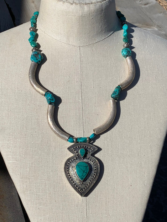 necklace "Oriental Turquoise" Kuchi pendant, Fine Silver, Tibetan turquoise, Bali Sterling beads, Statement piece, Gender Neutral, Gift idea