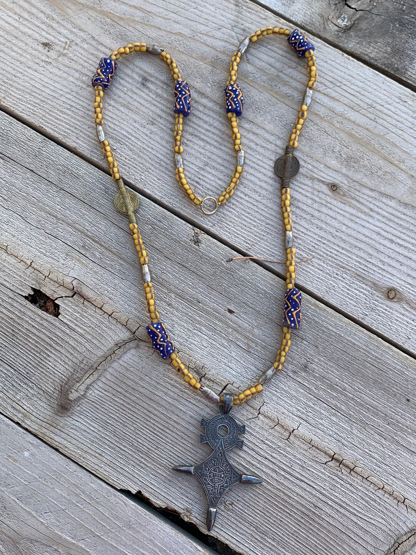 necklace "All Over Africa" Tuareg Cross, African Trade Beads, Krobo Beads, Sun Baule Brass beads, Gift Idea, Gender Neutral necklace