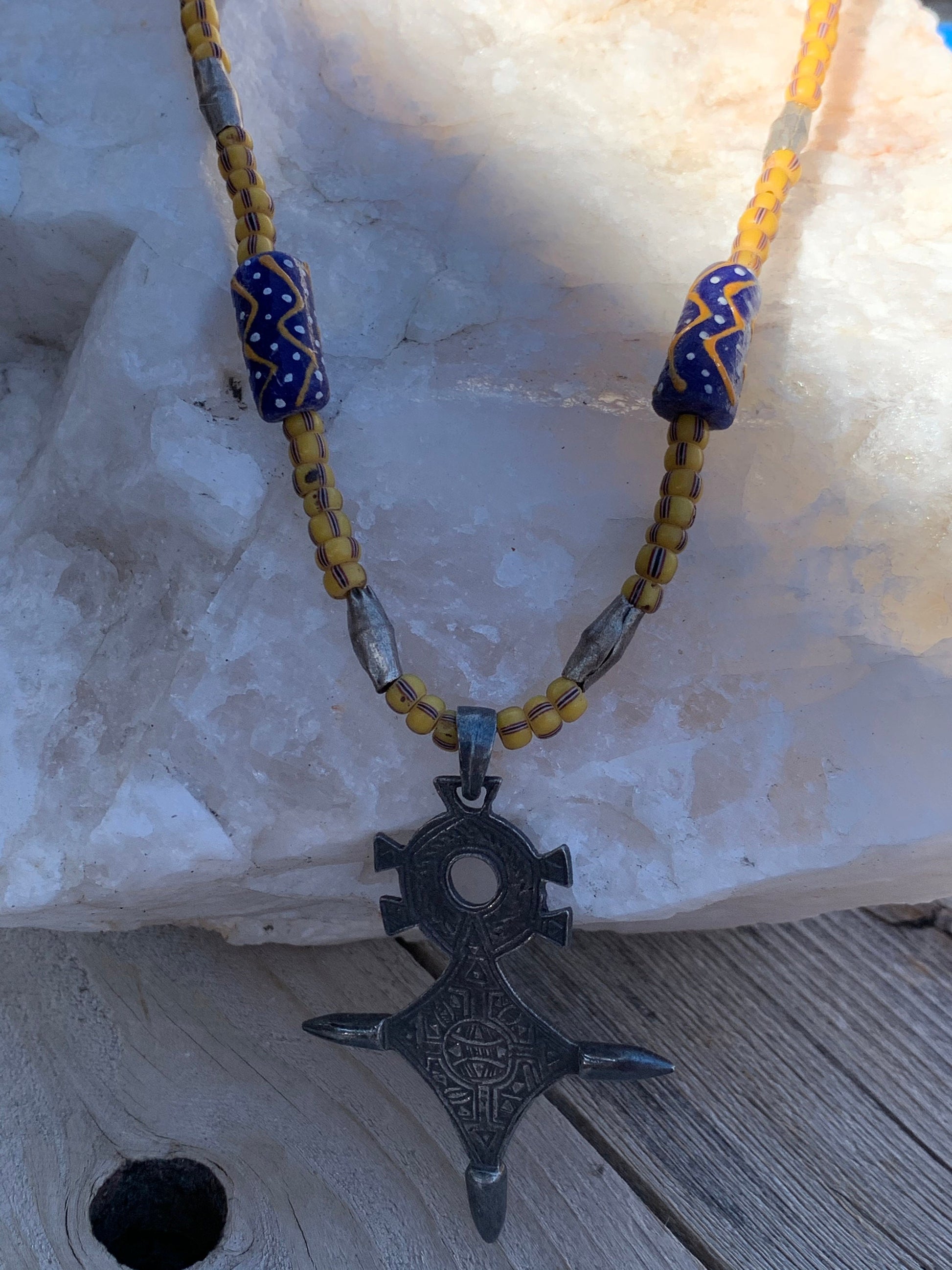 necklace "All Over Africa" Tuareg Cross, African Trade Beads, Krobo Beads, Sun Baule Brass beads, Gift Idea, Gender Neutral necklace