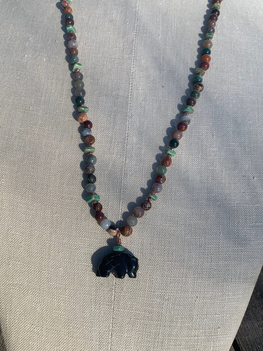 necklace "Idealized Past" Carved Onyx Zuni Buffalo, Turquoise, Agate, Jasper, Copper, Wild West series, Gift idea, Gender Neutral jewelry