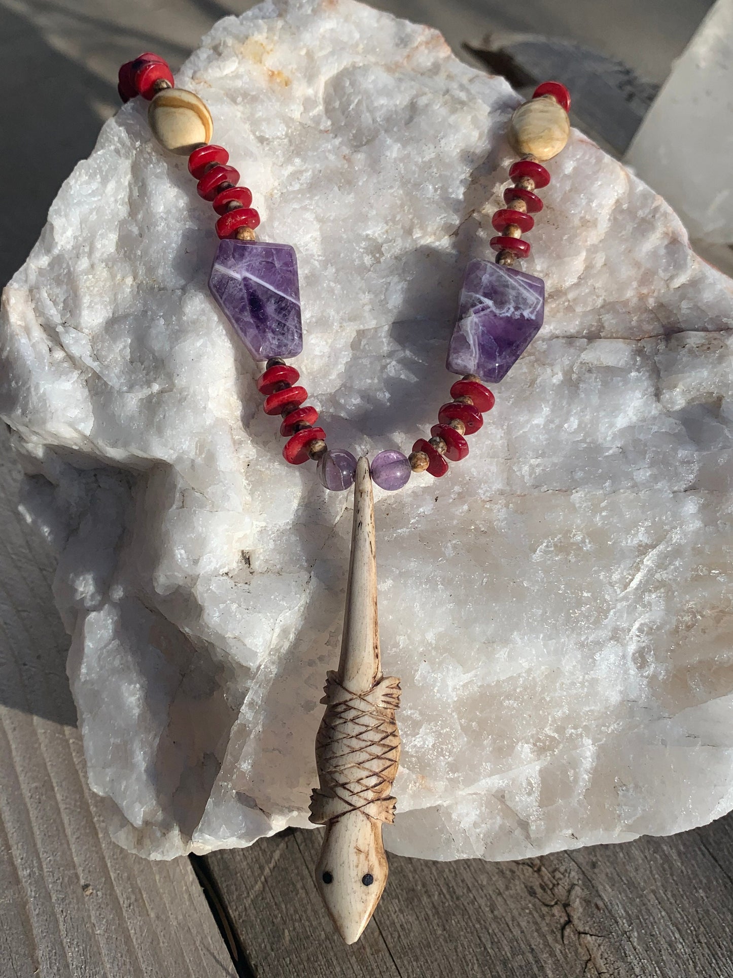 necklace "Desert Sunset" Carved Bone lizard, Chevron Amethyst, Red Coral, Jasper, Southwest jewelry, Gender Neutral necklace, Wild West